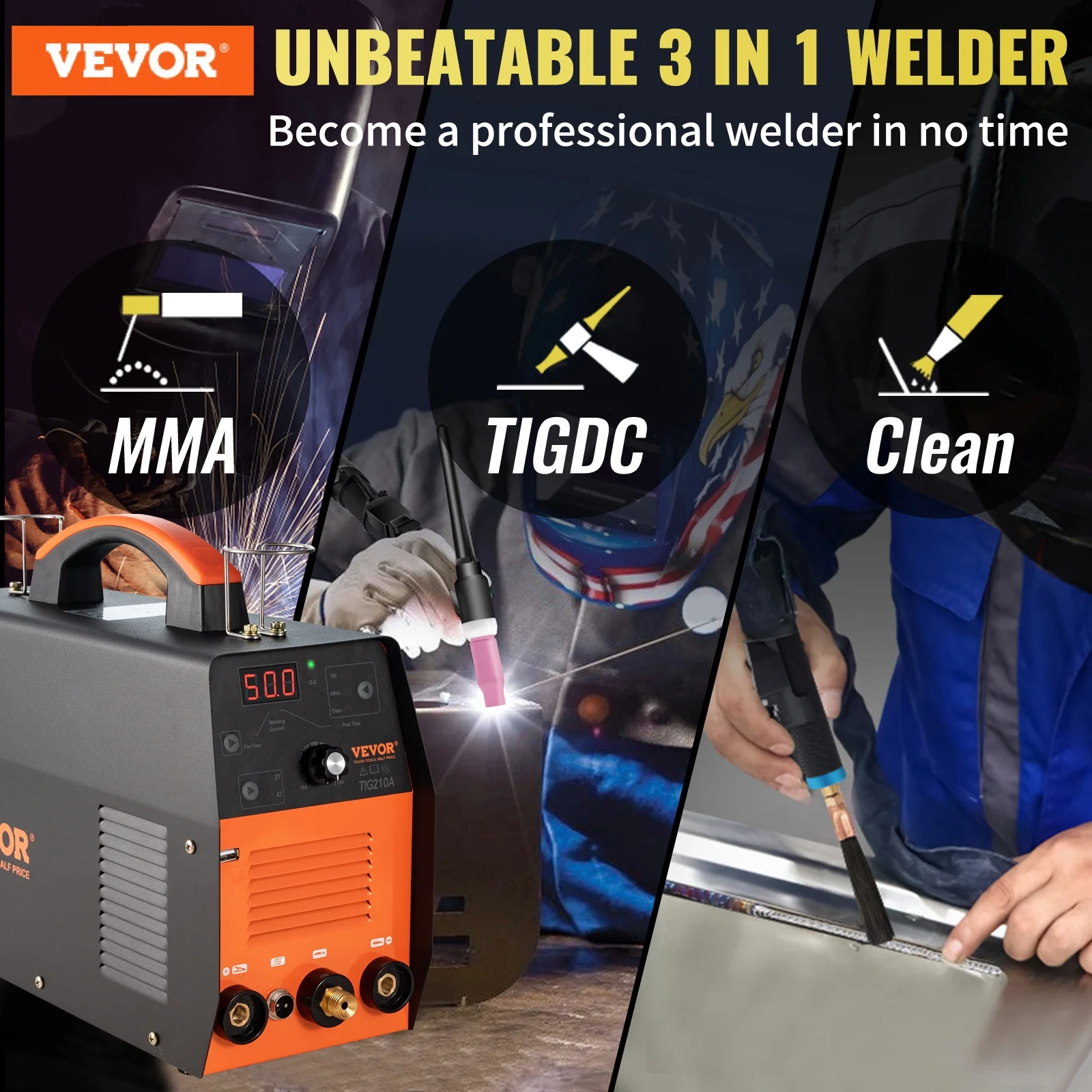 VEVOR TIG Welder, 210Amp 3 in 1, 110\/220V Dual Voltage HF TIG\/Stick\/Clean Welding Machine w\/ USB, IGBT Inverter \u0026amp; Torch, Digital Arc Welder for Stainless Steel, Iron, Mild Steel, Copper, and Nickel - John Pierce Auto Care