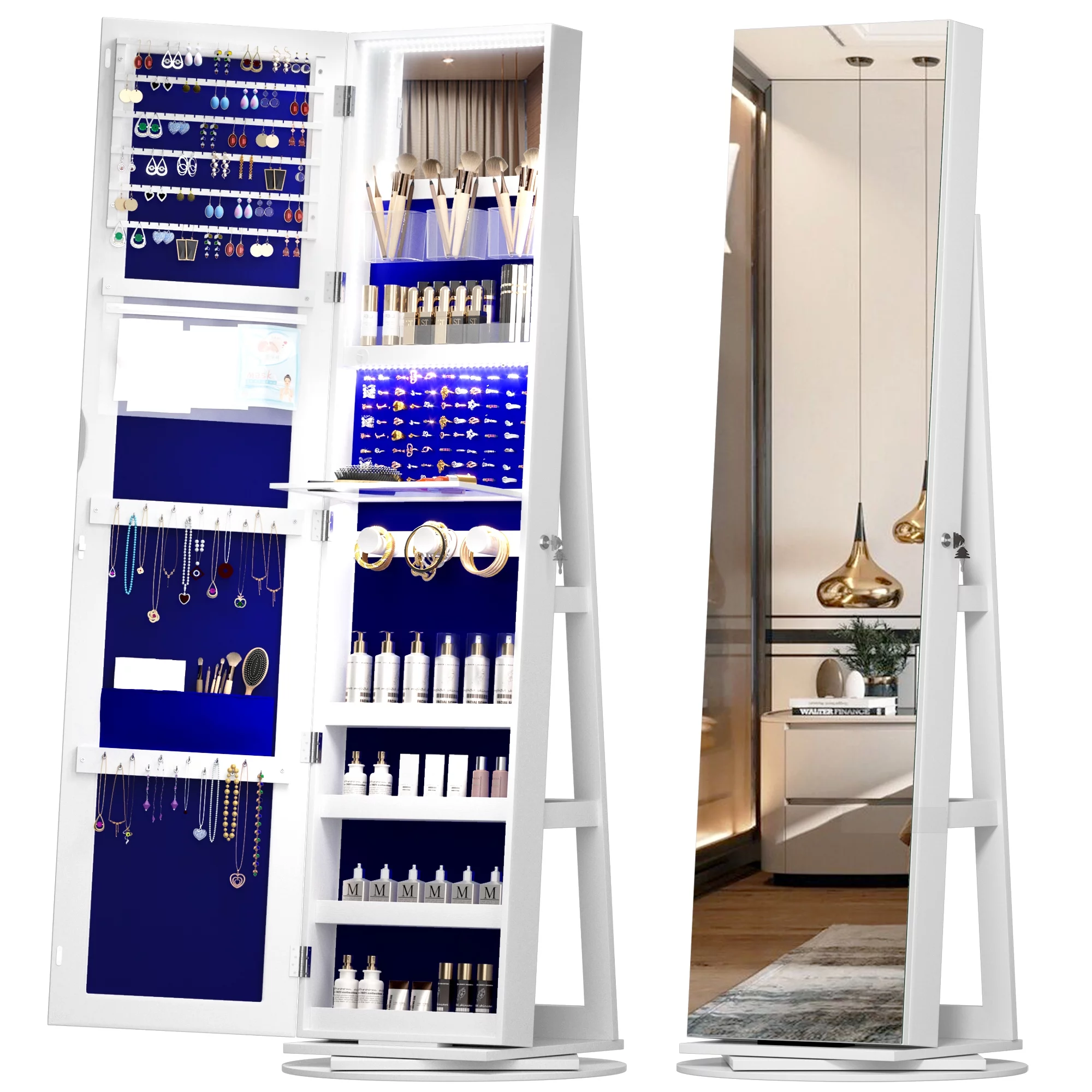 LVSOMT 360�� Rotating LED Jewelry Armoire with Full Length Mirror, Jewelry Cabinet Large Standing Lockable Mirror Jewelry Organizer with Inner Makeup Mirror \u0026amp; Soft Velvet for Living Room Bedroom - John Pierce Auto Care