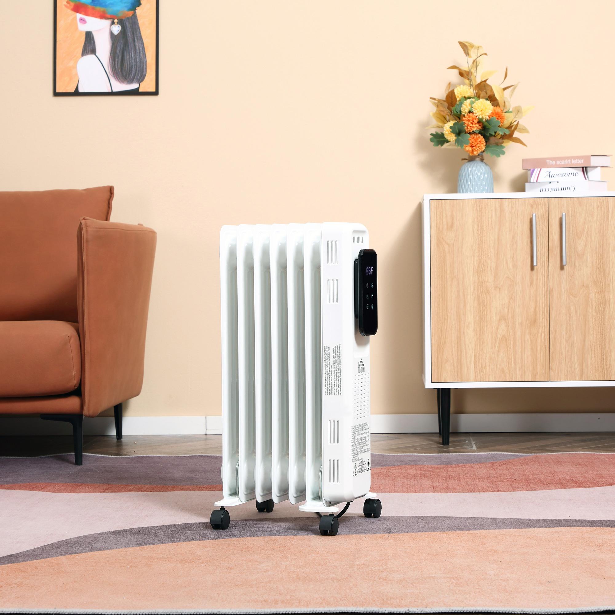 Eccomum 1500W 7 Fin Oil Filled Radiator Electric Space w\/ Remote \u0026amp; Wheels, White - John Pierce Auto Care