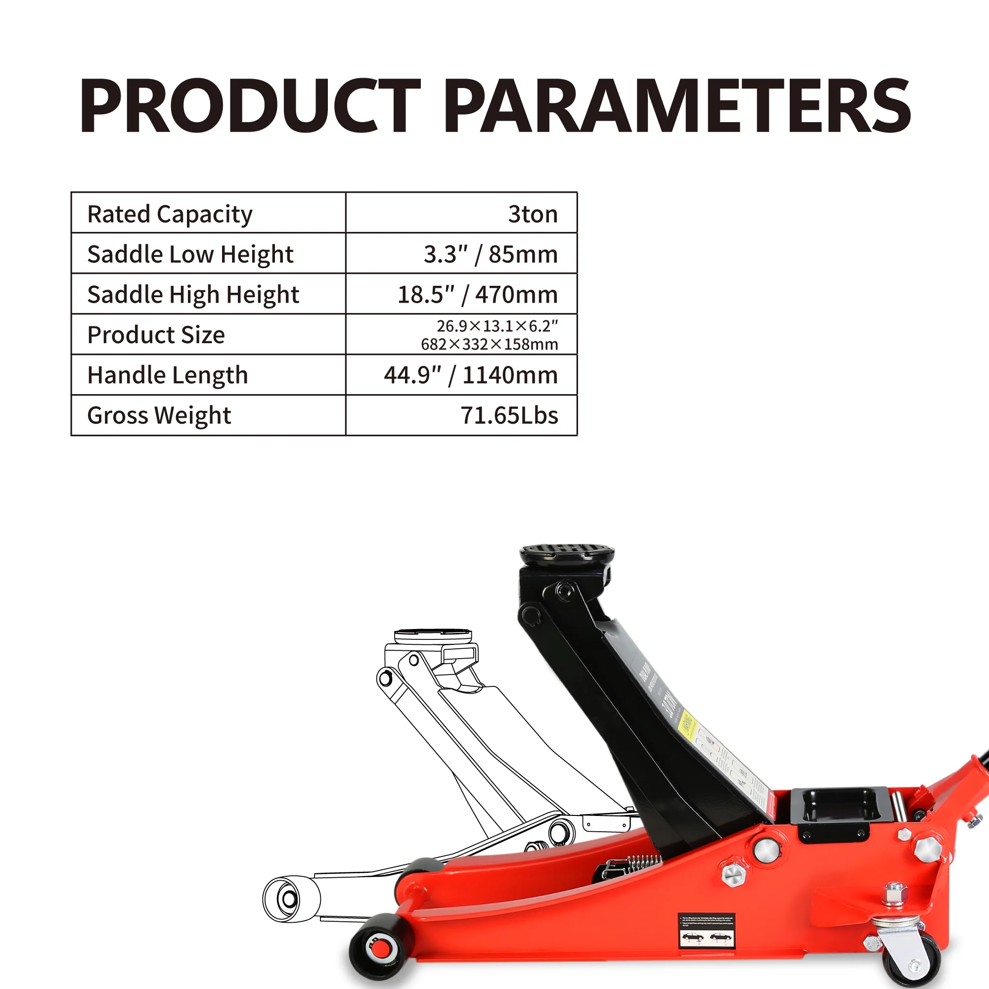 Hydraulic Low Profile And Steel Racing Floor Jack With Dual Piston Quick Lift Pump,3 Ton 6600 Lb Capacity, Lifting Range 3.3" 18.5" Black Red Steel - John Pierce Auto Care