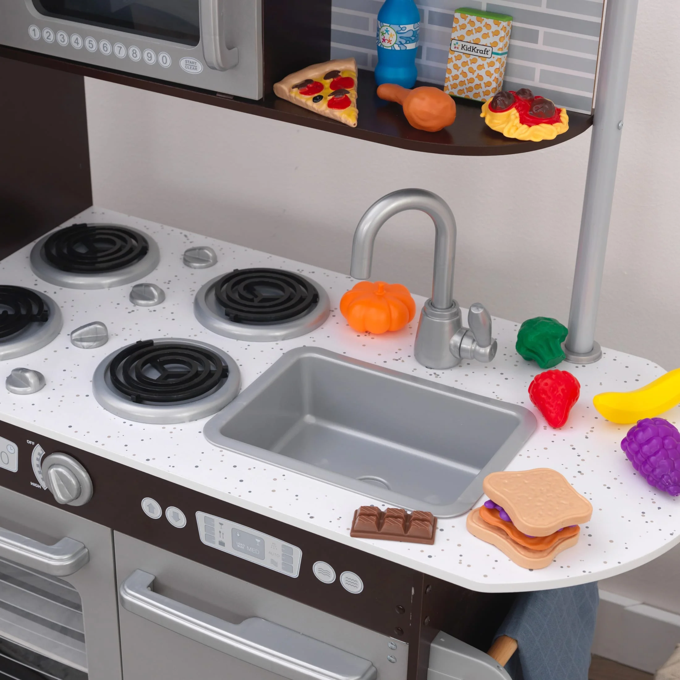 KidKraft Uptown Espresso Wooden Play Kitchen and 30 Piece Play Food Accessories - John Pierce Auto Care