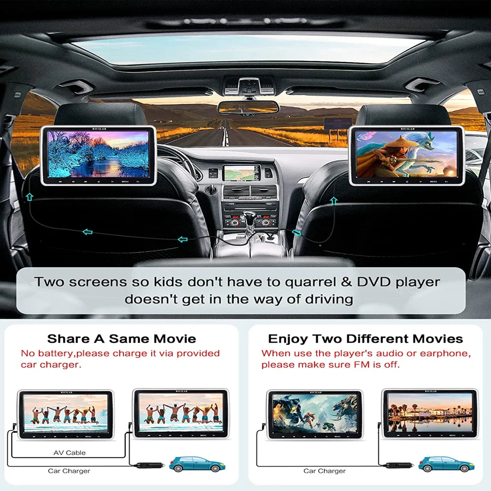 RICILAR Premium 10.5\u0026quot; Dual Screen Portable DVD Player for Car, Black ( 2 x DVD Player��Non built in battery ) - John Pierce Auto Care