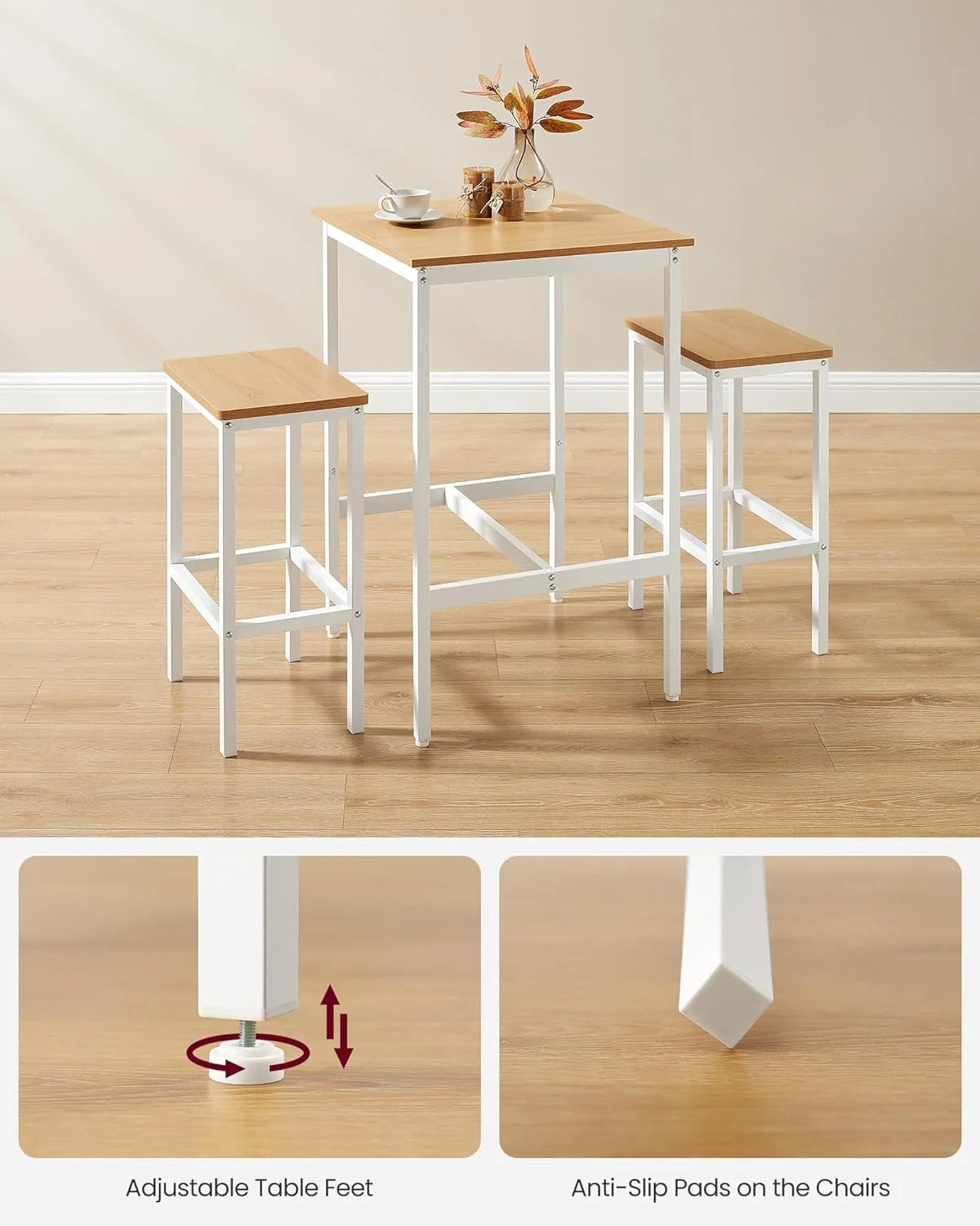 Bar Table and Chairs Set, Square Bar Table with 2 Bar Stools, Dining Pub Bar Table Set for 2, Space Saving for Kitchen Breakfast, Living Room, Party Room, Golden Oak and Cloud White - John Pierce Auto Care