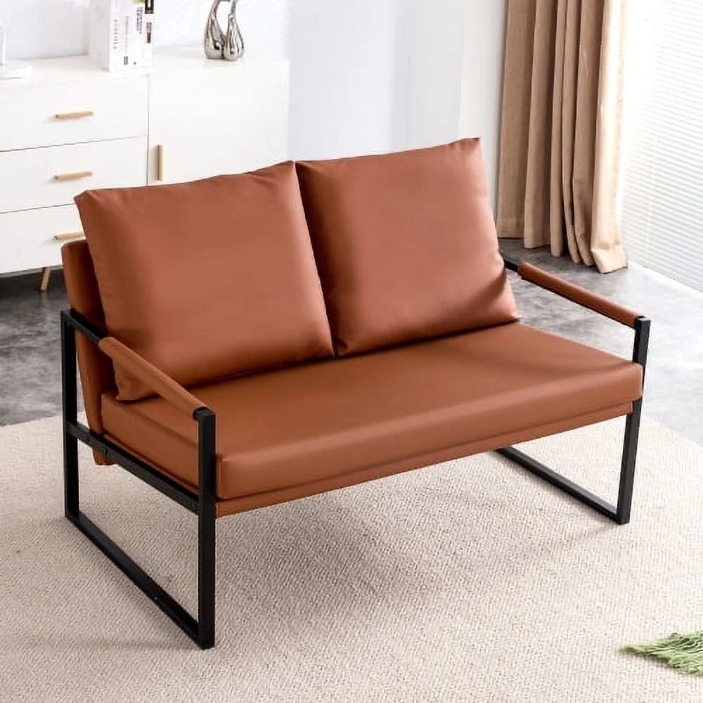 GVJMTKP Modern Two Seater Sofa Chair with 2 Pillows   PU Leather High Density Foam Black Coated Metal Frame.BrownSF D008 BR - John Pierce Auto Care