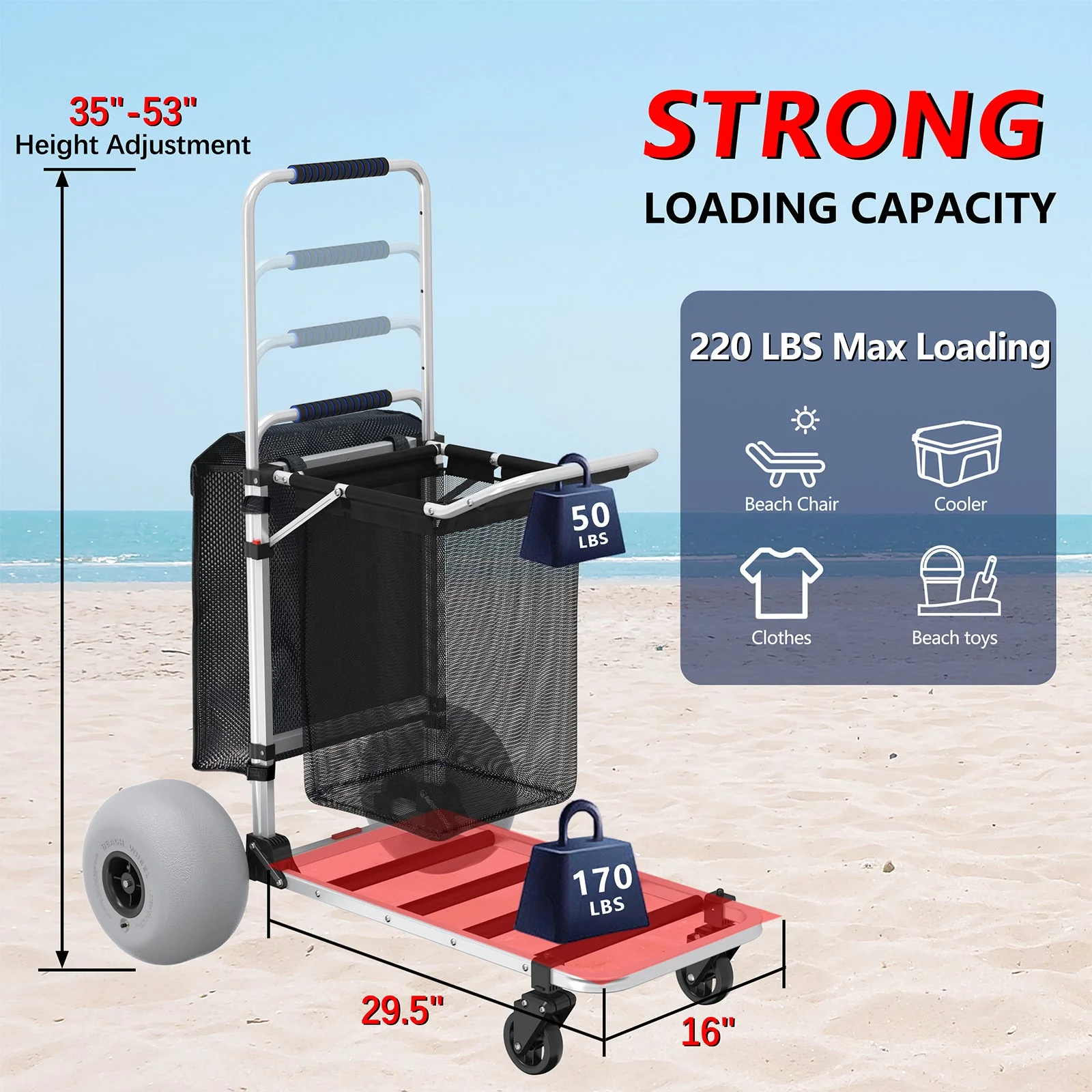 GDLF Foldable Beach Cart with Adjustable Handle and 12\u0026quot; Balloon Wheels, Heavy Duty Aluminum 220LBS Capacity - John Pierce Auto Care