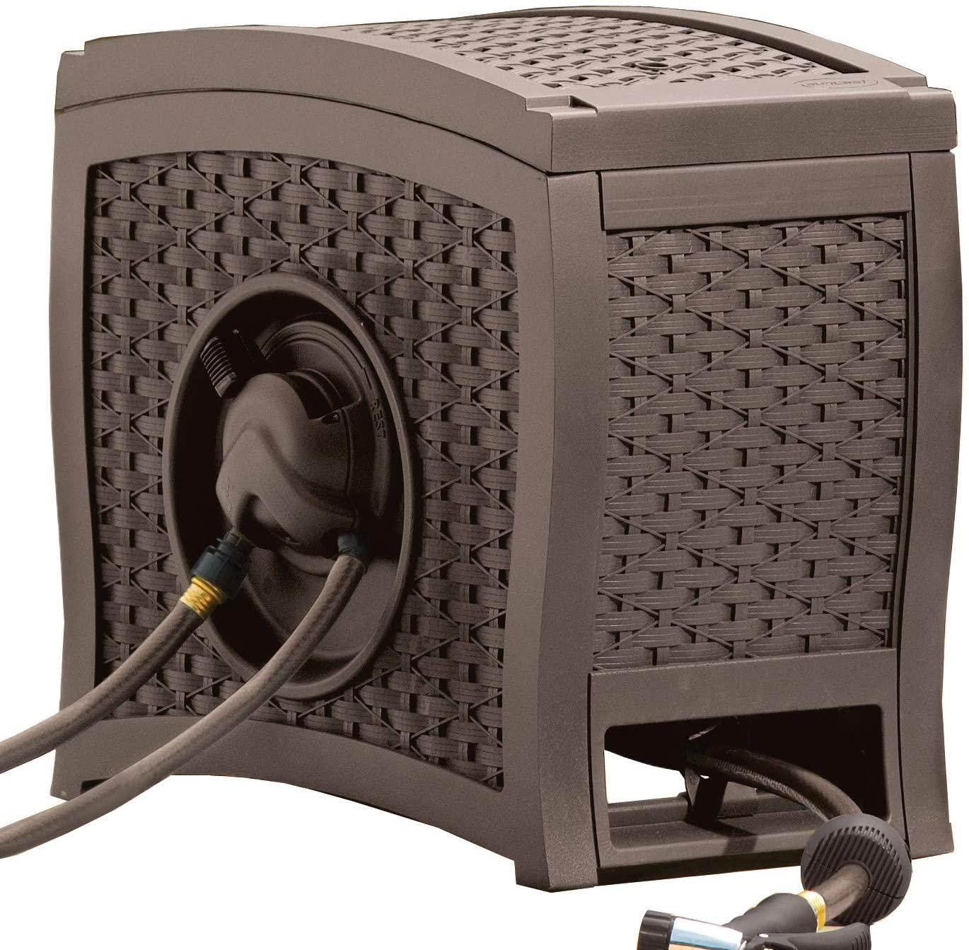 Suncast Aquawinder 125' Wicker Garden Hose Reel – Lightweight Portable Hands-Free Water Powered Retractable Hose Reel – Java - John Pierce Auto Care