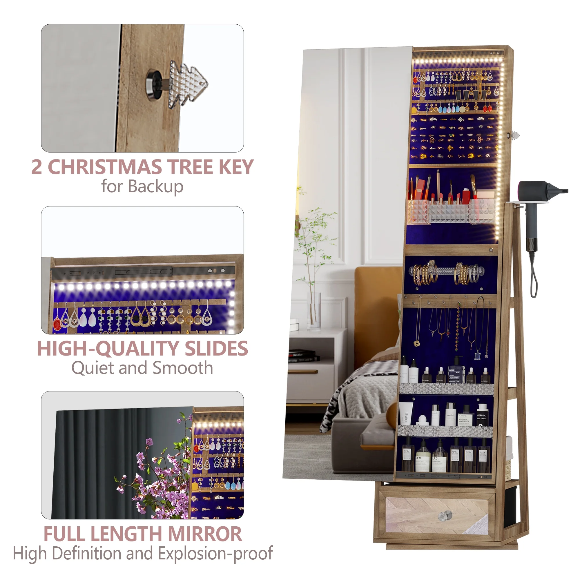 LVSOMT 360 Swivel Jewelry Cabinet with Lights, Standing Rotatable Jewelry Armoire Organizer with Lock, Full Length Mirror with Jewelry Storage, Brown - John Pierce Auto Care