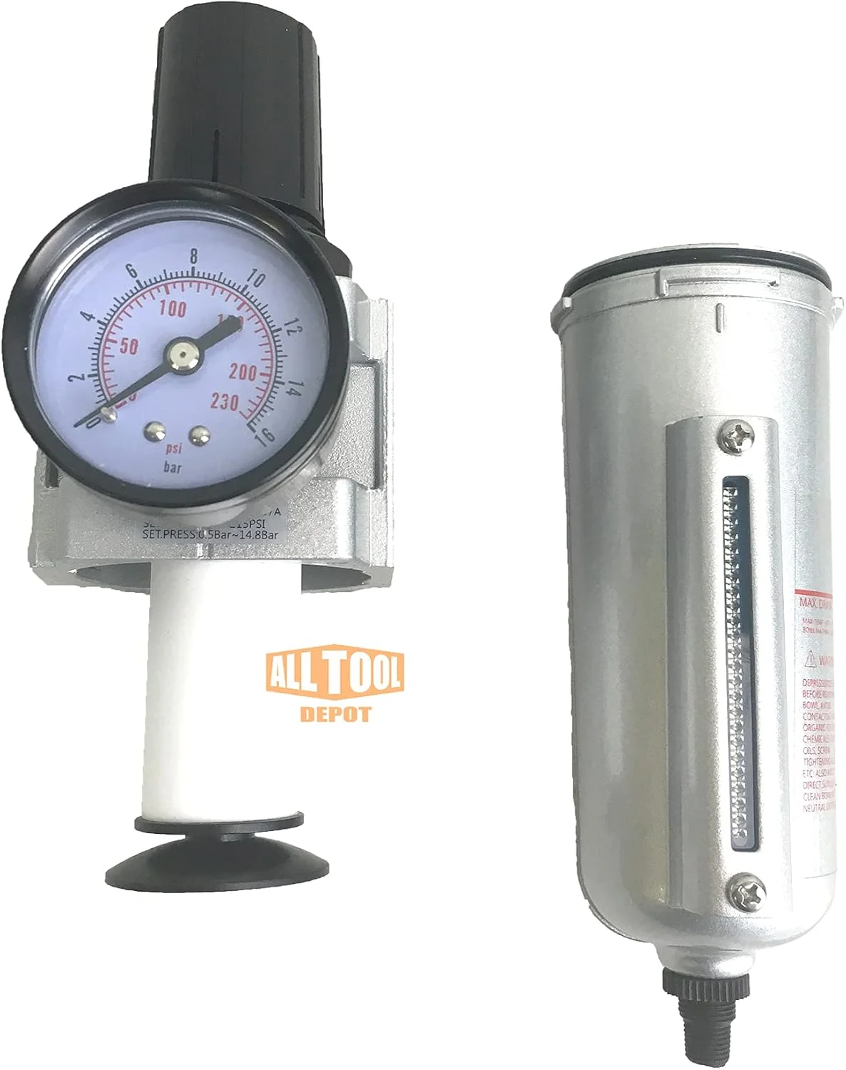 NPT HEAVY DUTY Compressed Air In Line Filter Regulator Combo Piggyback, Metal Bowl, 5 Micron , Adjustable From 7 to 175 PSI (AUTO DRAIN) - John Pierce Auto Care