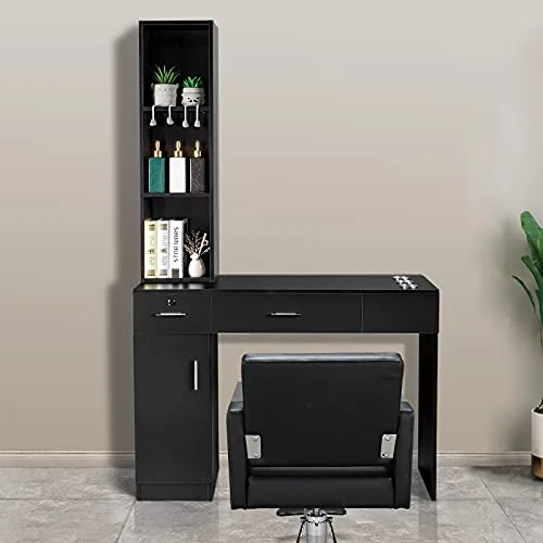 OmySalon Barber Station Wall Mount Salon Hair Styling Beauty Spa Equipment w\/ 2 Drawers, 1 Storage Cabinet, 3 Open Shelves (Black) - John Pierce Auto Care