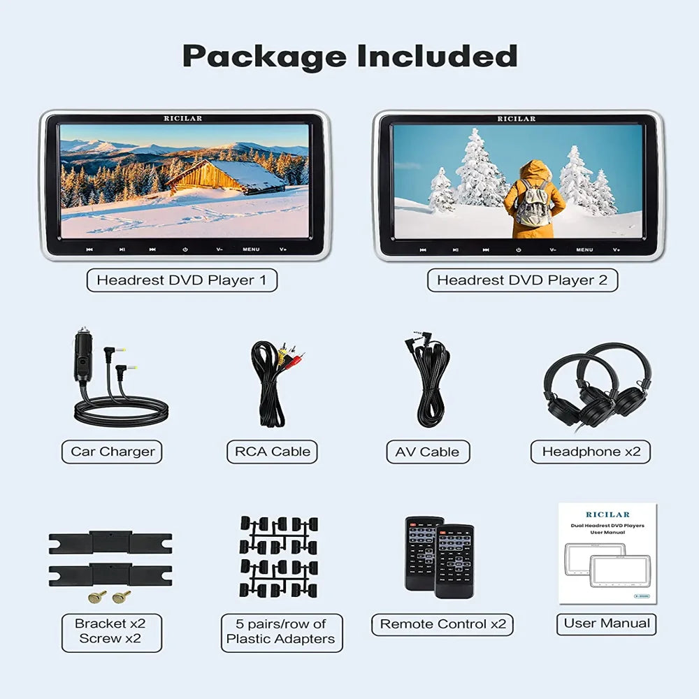 RICILAR Premium 10.5\u0026quot; Dual Screen Portable DVD Player for Car, Black ( 2 x DVD Player��Non built in battery ) - John Pierce Auto Care