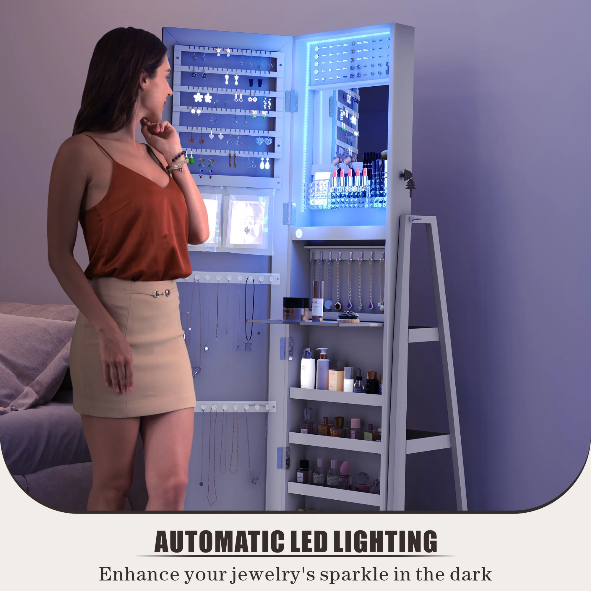 FREDEES Standing Jewelry Cabinet with Mirror and Lights, Wooden Jewelry Armoire Organizer with Full Length Mirror for Women, Grey - John Pierce Auto Care
