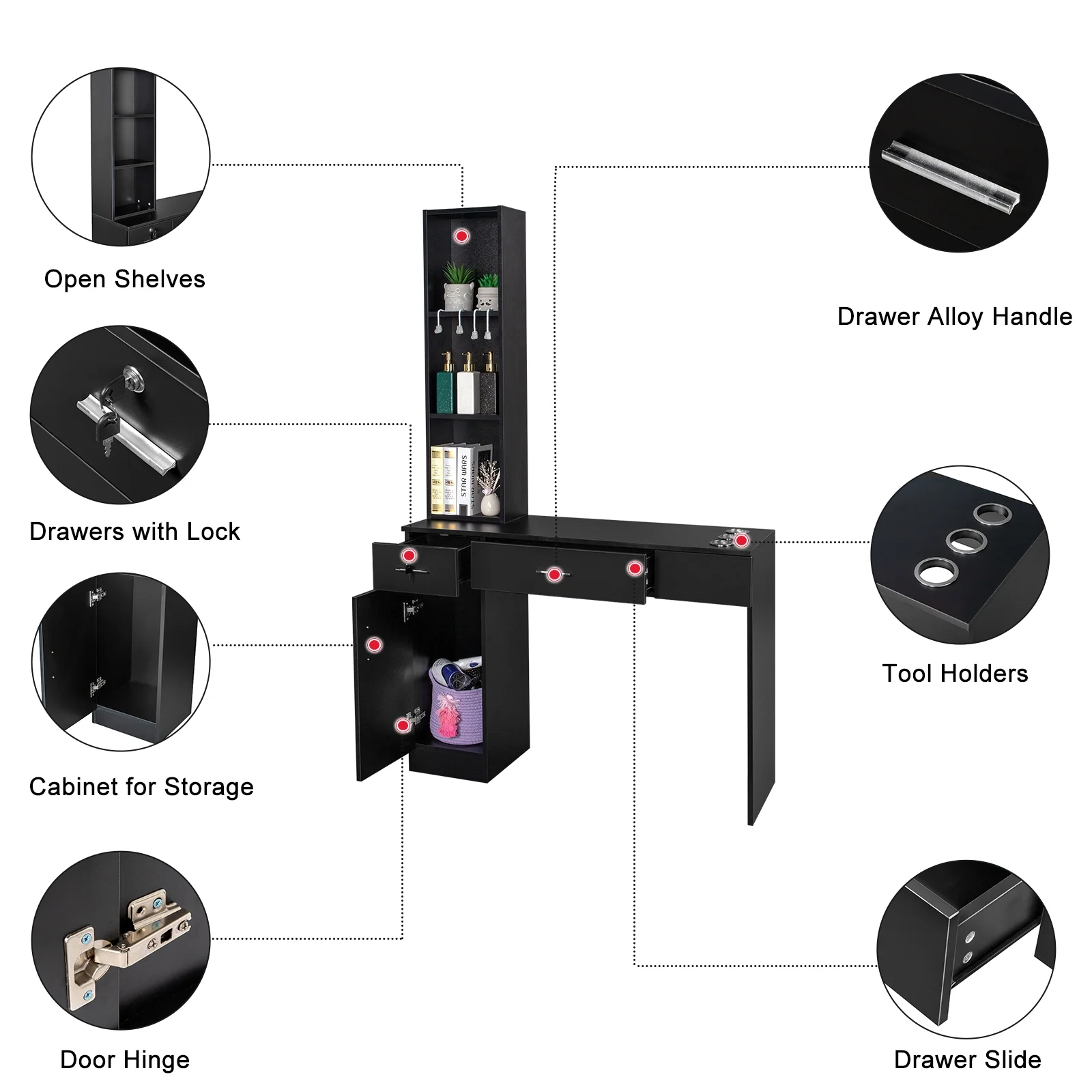 OmySalon Barber Station Wall Mount Salon Hair Styling Beauty Spa Equipment with 2 Drawers, 1 Storage Cabinet, 3 Open Shelves (Black) - John Pierce Auto Care