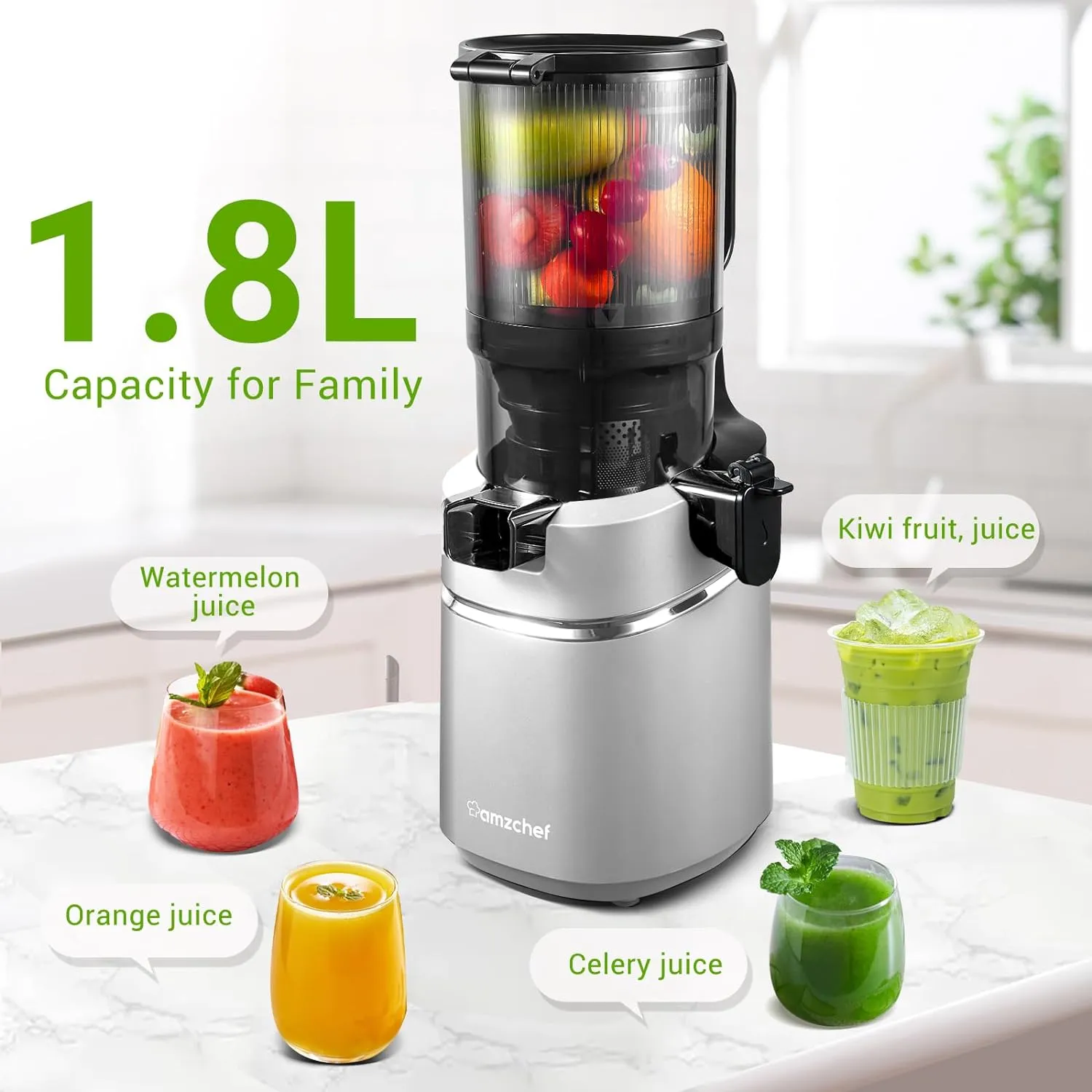 Juicer Machines, 5.3 Inch Self Feeding Masticating Juicer Fit Whole Fruits \u0026amp; Vegetables, Cold Press Electric Juicer Machines with High Juice Yield, Easy Cleaning, BPA Free, 250W - John Pierce Auto Care