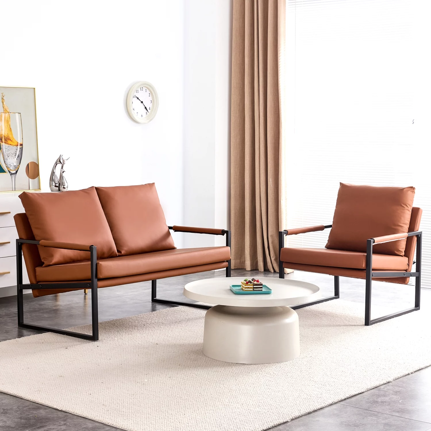 Modern Two Seater Sofa Chair with 2 Pillows   PU Leather High Density Foam Black Coated Metal Frame.Brown SF D008 - John Pierce Auto Care