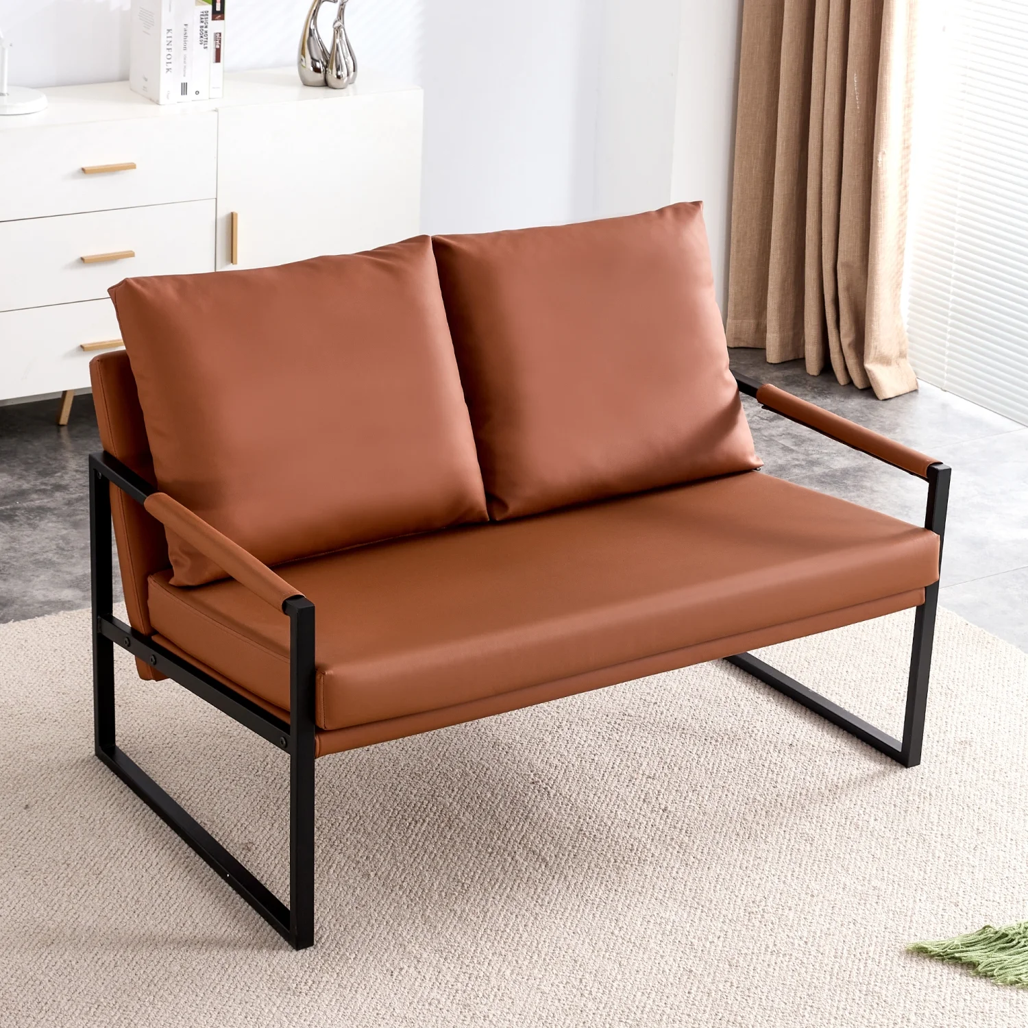 Modern Two Seater Sofa Chair with 2 Pillows   PU Leather High Density Foam Black Coated Metal Frame.Brown SF D008 - John Pierce Auto Care