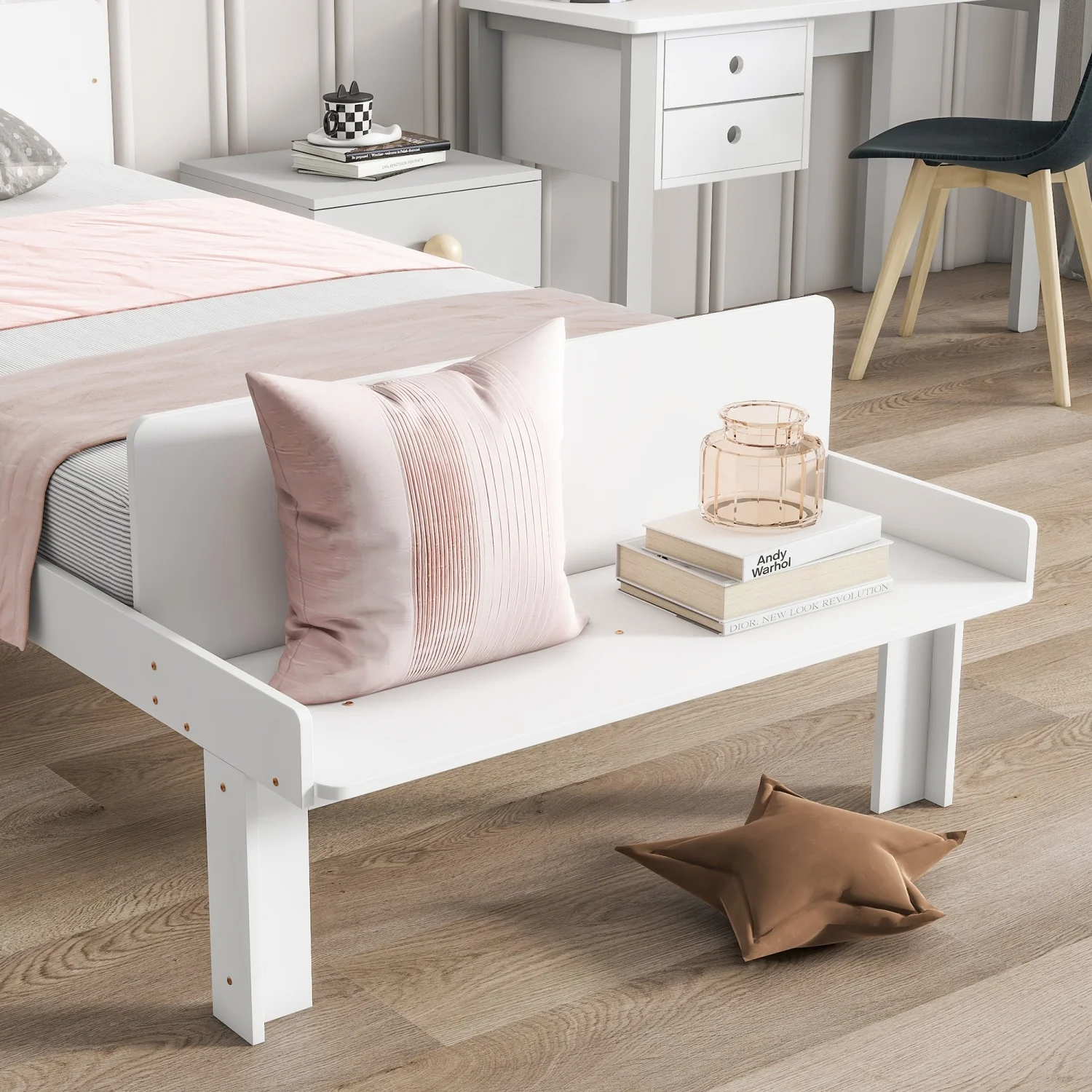Create a chic and cozy bedroom look with this stylish and elegant white twin bed featuring a footboard bench for added comfort   perfect for enhancing the style and comfort of your bedroo - John Pierce Auto Care