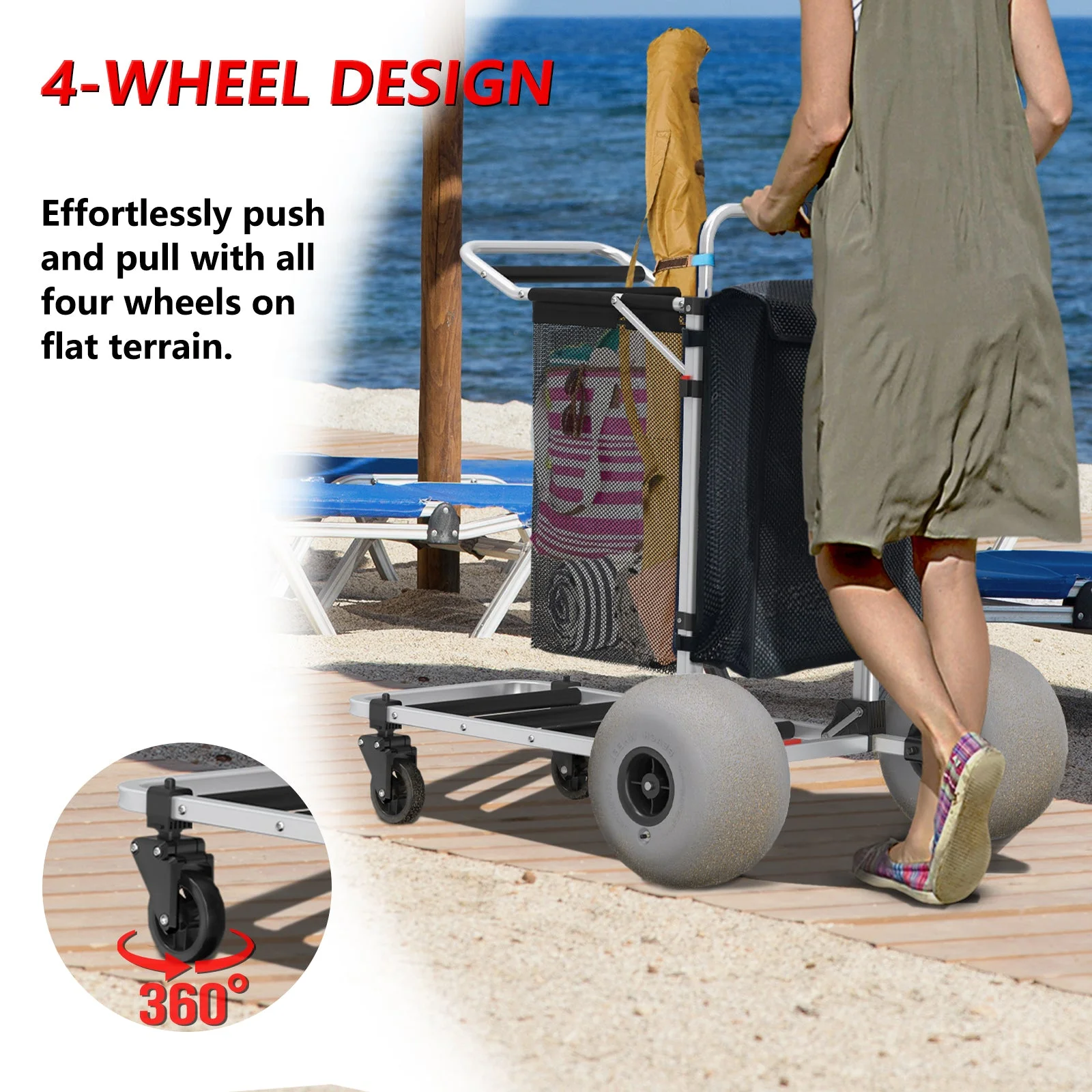 GDLF Foldable Beach Cart with Adjustable Handle and 12\u0026quot; Balloon Wheels, Heavy Duty Aluminum 220LBS Capacity - John Pierce Auto Care