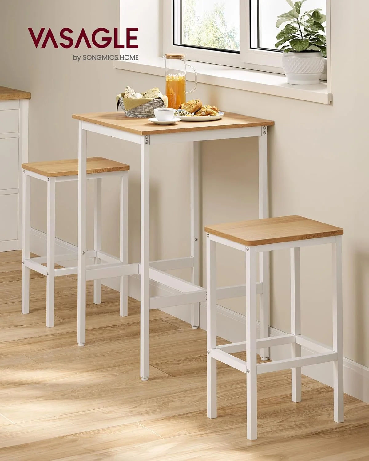 Bar Table and Chairs Set, Square Bar Table with 2 Bar Stools, Dining Pub Bar Table Set for 2, Space Saving for Kitchen Breakfast, Living Room, Party Room, Golden Oak and Cloud White - John Pierce Auto Care