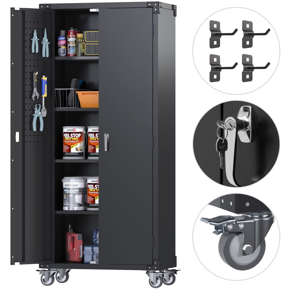 GangMei 72 in Metal Garage Storage Cabinet with Wheels and Pegboard, Black Tall Rolling Tool Cabinet with 4 Adjustable Shelves - John Pierce Auto Care