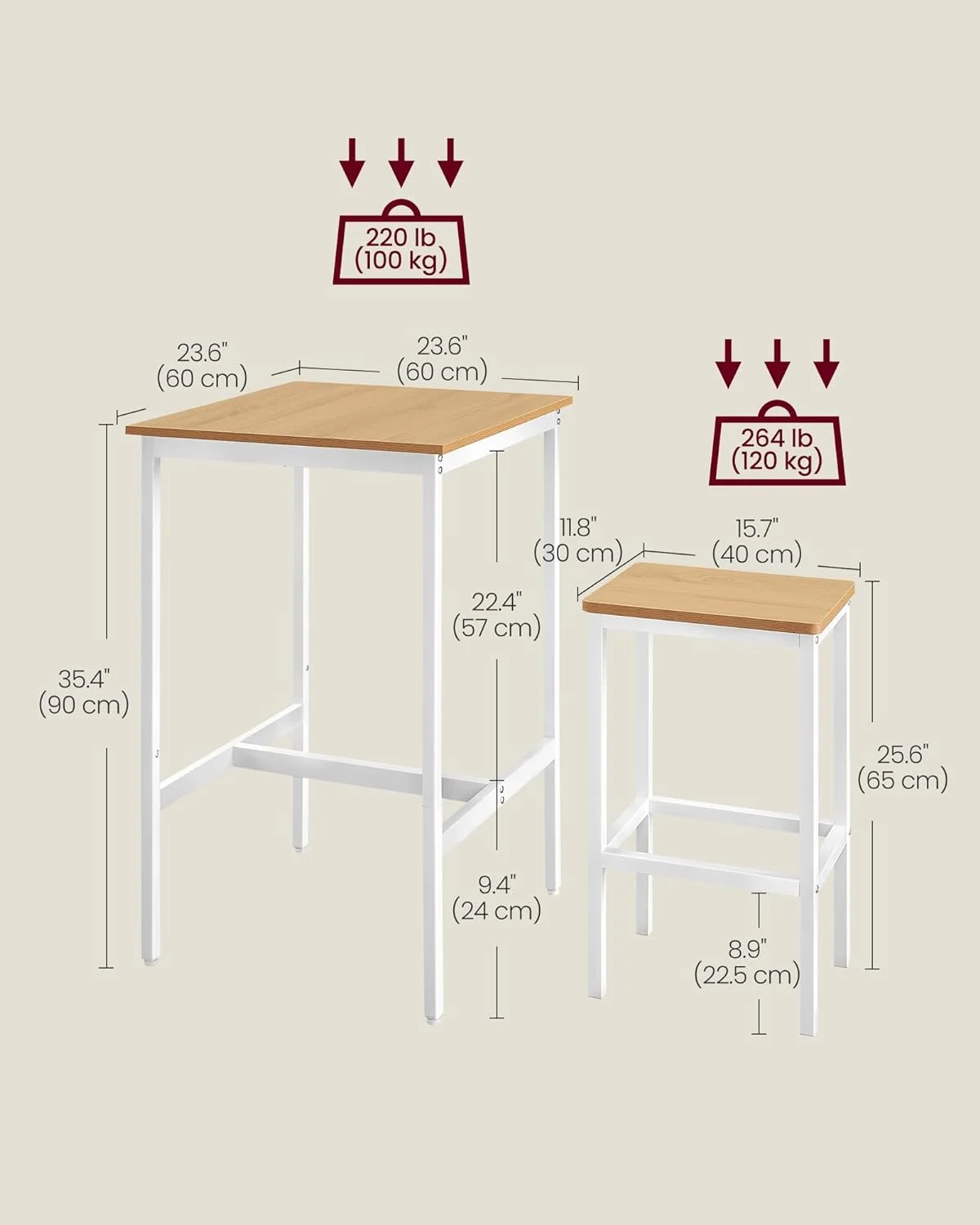 Bar Table and Chairs Set, Square Bar Table with 2 Bar Stools, Dining Pub Bar Table Set for 2, Space Saving for Kitchen Breakfast, Living Room, Party Room, Golden Oak and Cloud White - John Pierce Auto Care