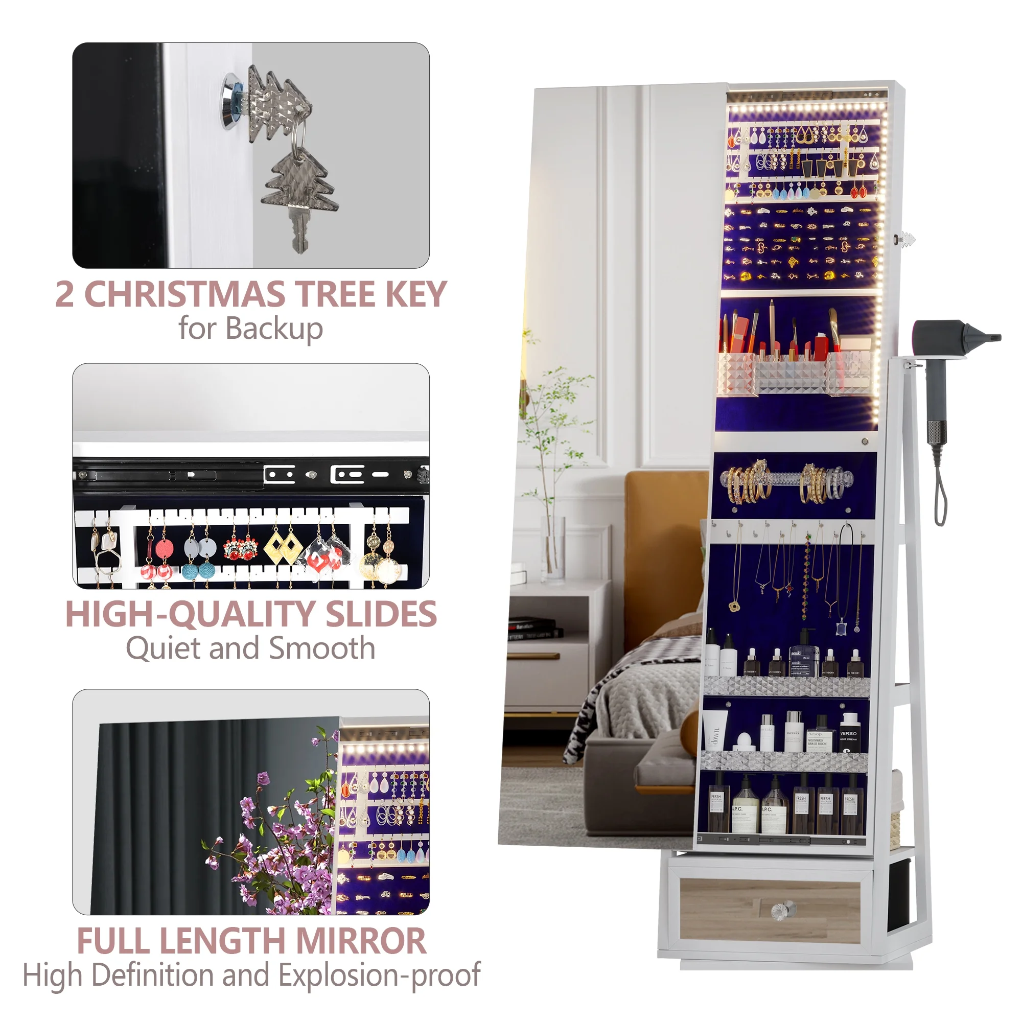 LVSOMT 360 Swivel Jewelry Cabinet with Lights, Standing Rotatable Jewelry Armoire Organizer with Lock, Full Length Mirror with Jewelry Storage, White - John Pierce Auto Care