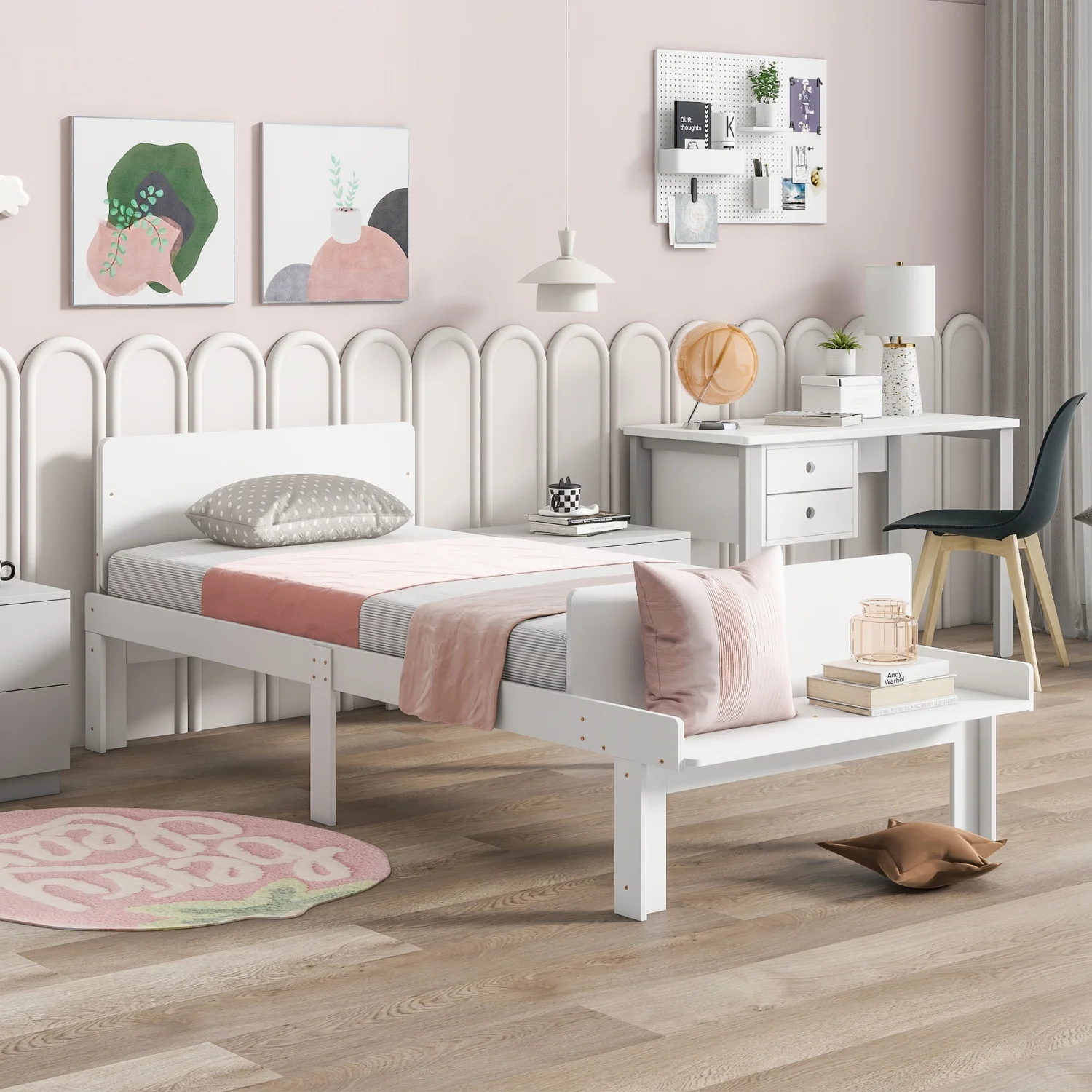 Create a chic and cozy bedroom look with this stylish and elegant white twin bed featuring a footboard bench for added comfort   perfect for enhancing the style and comfort of your bedroo - John Pierce Auto Care