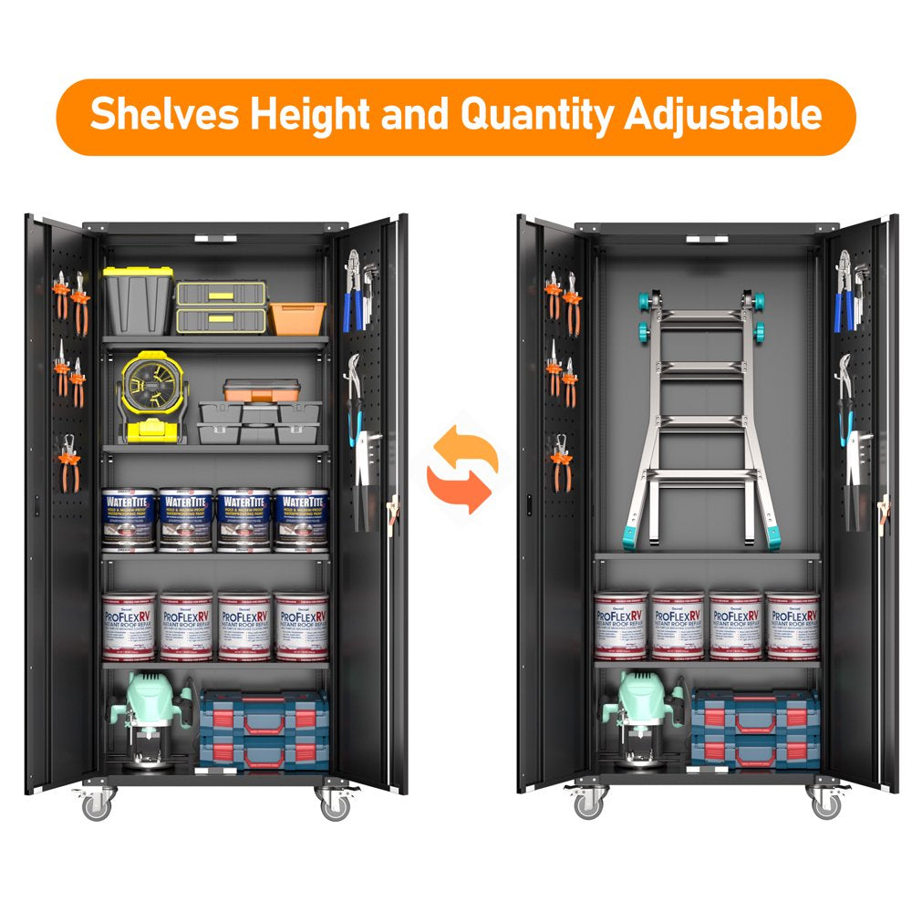 GangMei 72 in Metal Garage Storage Cabinet with Wheels and Pegboard, Black Tall Rolling Tool Cabinet with 4 Adjustable Shelves - John Pierce Auto Care