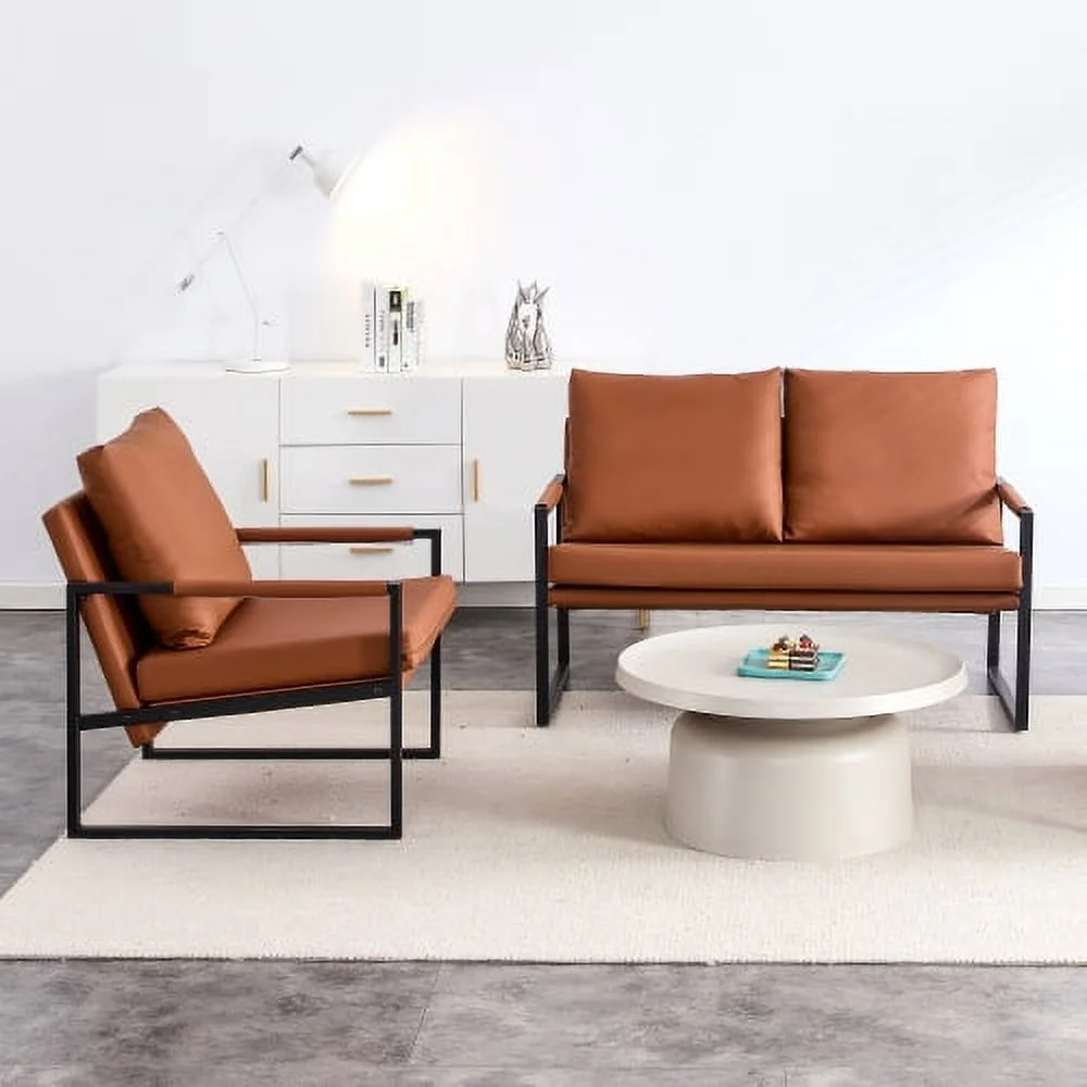 GVJMTKP Modern Two Seater Sofa Chair with 2 Pillows   PU Leather High Density Foam Black Coated Metal Frame.BrownSF D008 BR - John Pierce Auto Care