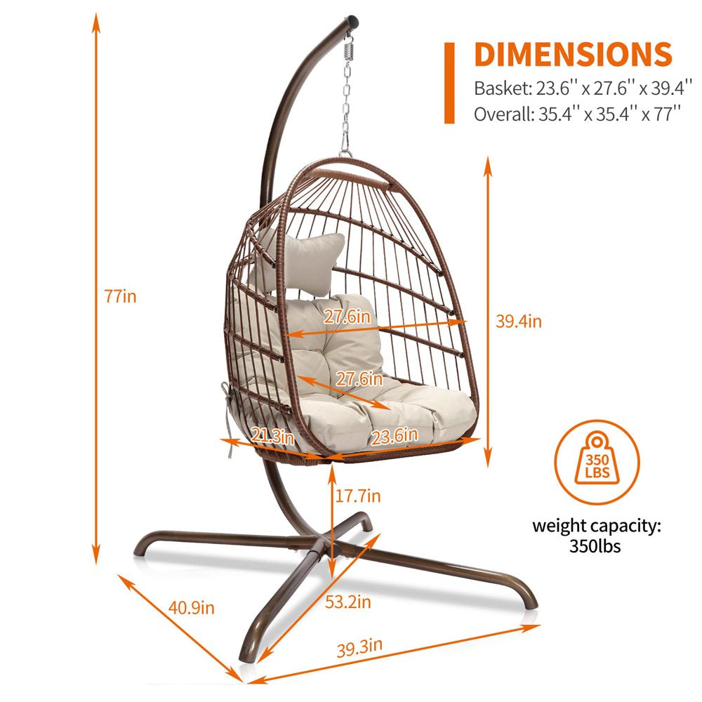 Nicesoul Foldable PE Wicker Brown Hanging Egg Chair With Stand Swing Chair With Cushion and Pillow Capacity 350lbs - John Pierce Auto Care