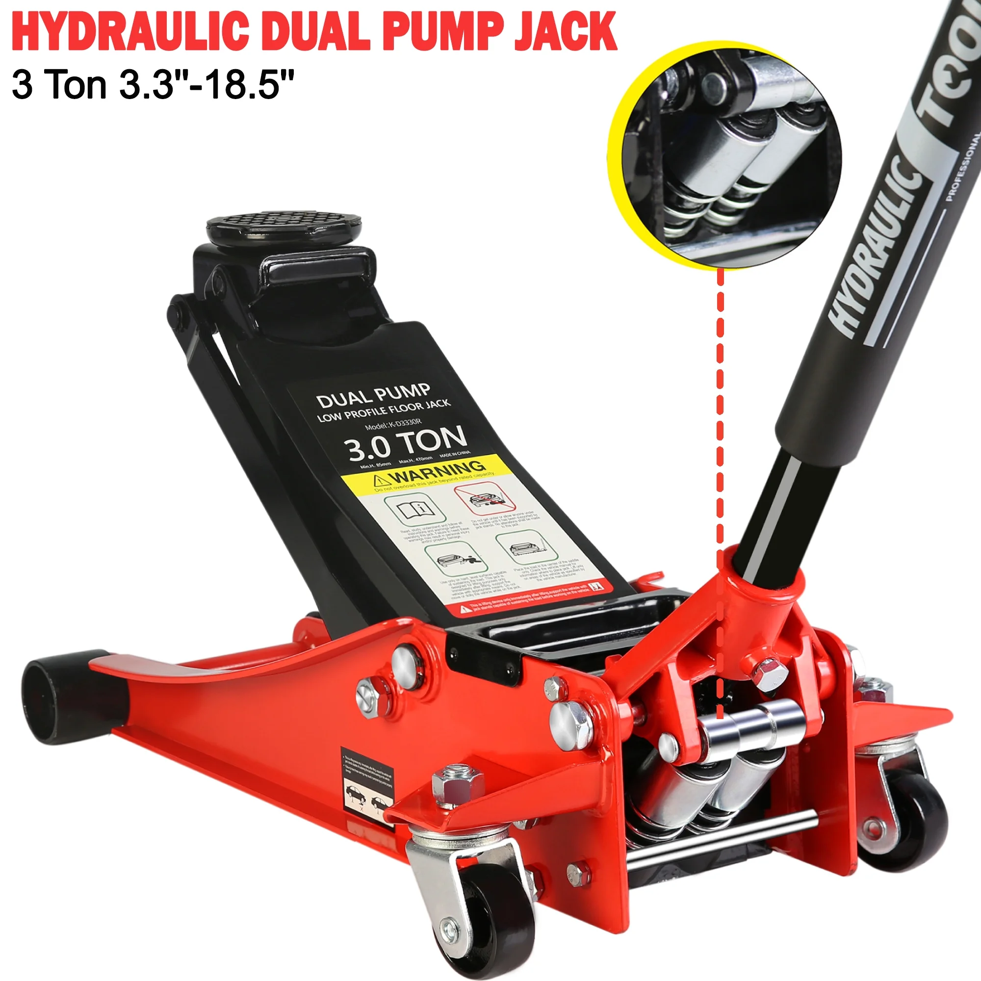 Hydraulic Low Profile And Steel Racing Floor Jack With Dual Piston Quick Lift Pump,3 Ton 6600 Lb Capacity, Lifting Range 3.3" 18.5" Black Red Steel - John Pierce Auto Care