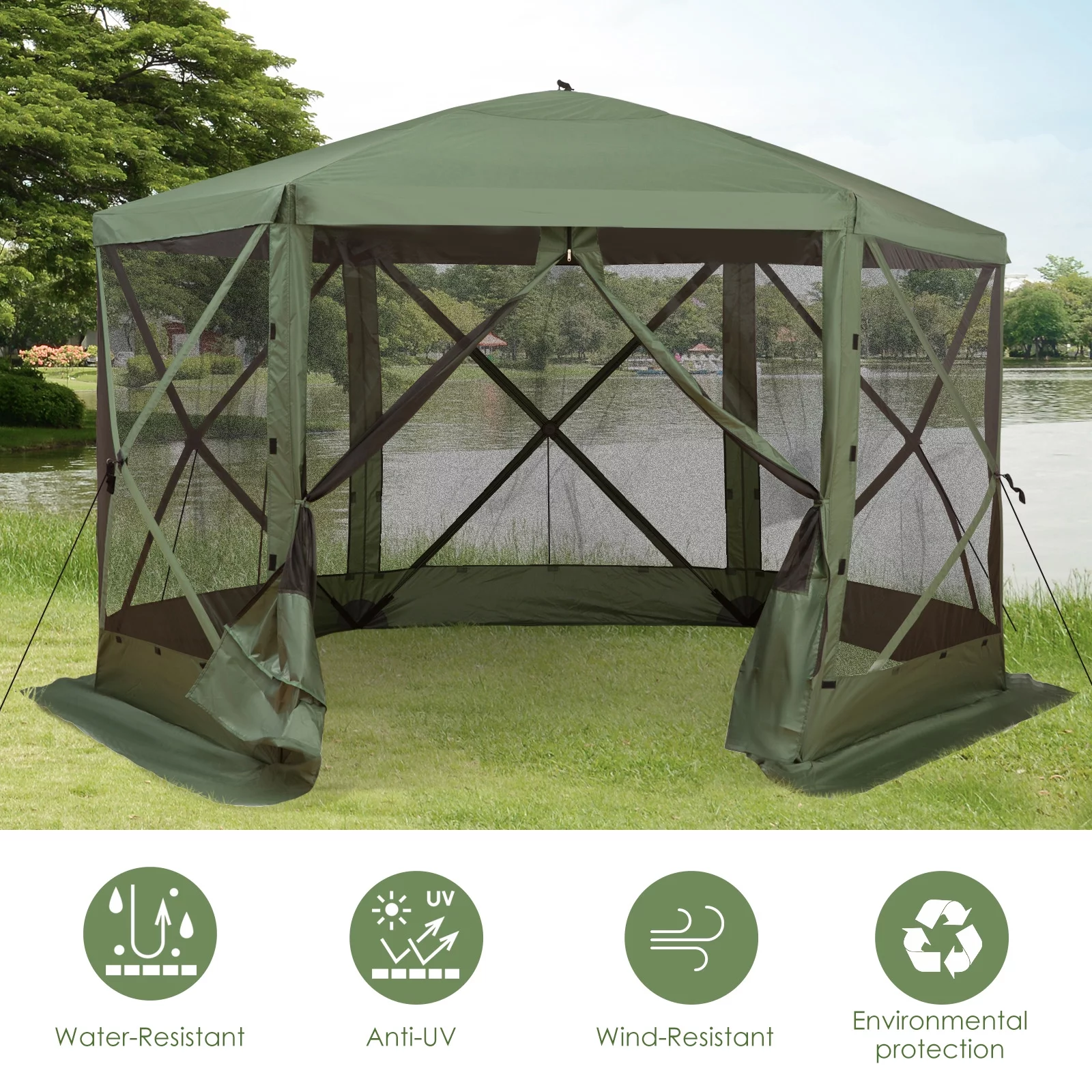 Outsunny 12\u0026#039; x 12\u0026#039; Hexagon Screen House, Pop Up Tent Portable Gazebo Canopy Shelter with Mesh Netting Walls, Carry Bag and Shaded Interior, Green - John Pierce Auto Care