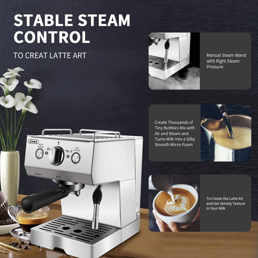 GEVI Silver Stainless Steel 15 Bar Espresso Machine 2 Shot Pump Cappuccino Maker - John Pierce Auto Care