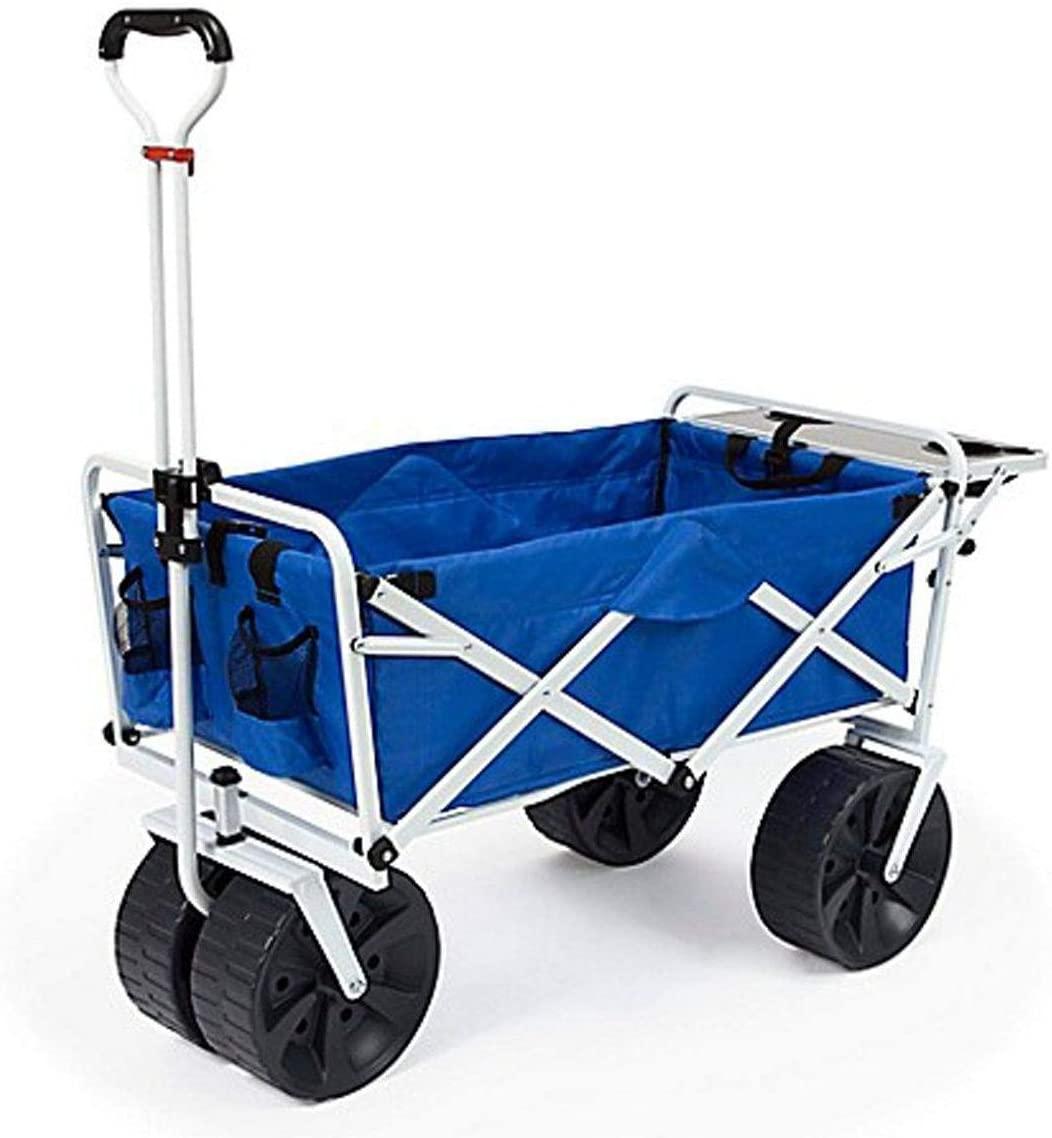 MacSports All Terrain Beach Wagon with Side Table|Heavy Duty Collapsible Folding Cart with Large Wheels for Beach Day, Picnic, Camping, Outdoor Activities | Blue\/White - John Pierce Auto Care