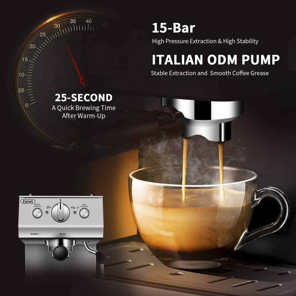 GEVI Silver Stainless Steel 15 Bar Espresso Machine 2 Shot Pump Cappuccino Maker - John Pierce Auto Care