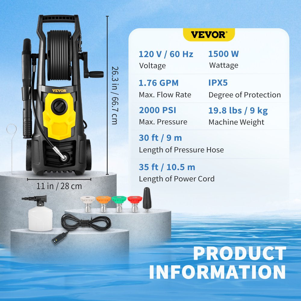 VEVOR Electric Pressure Washer, 2000 PSI, Max. 1.76 GPM Power Washer W\/ 30 Ft Hose \u0026amp; Reel - John Pierce Auto Care