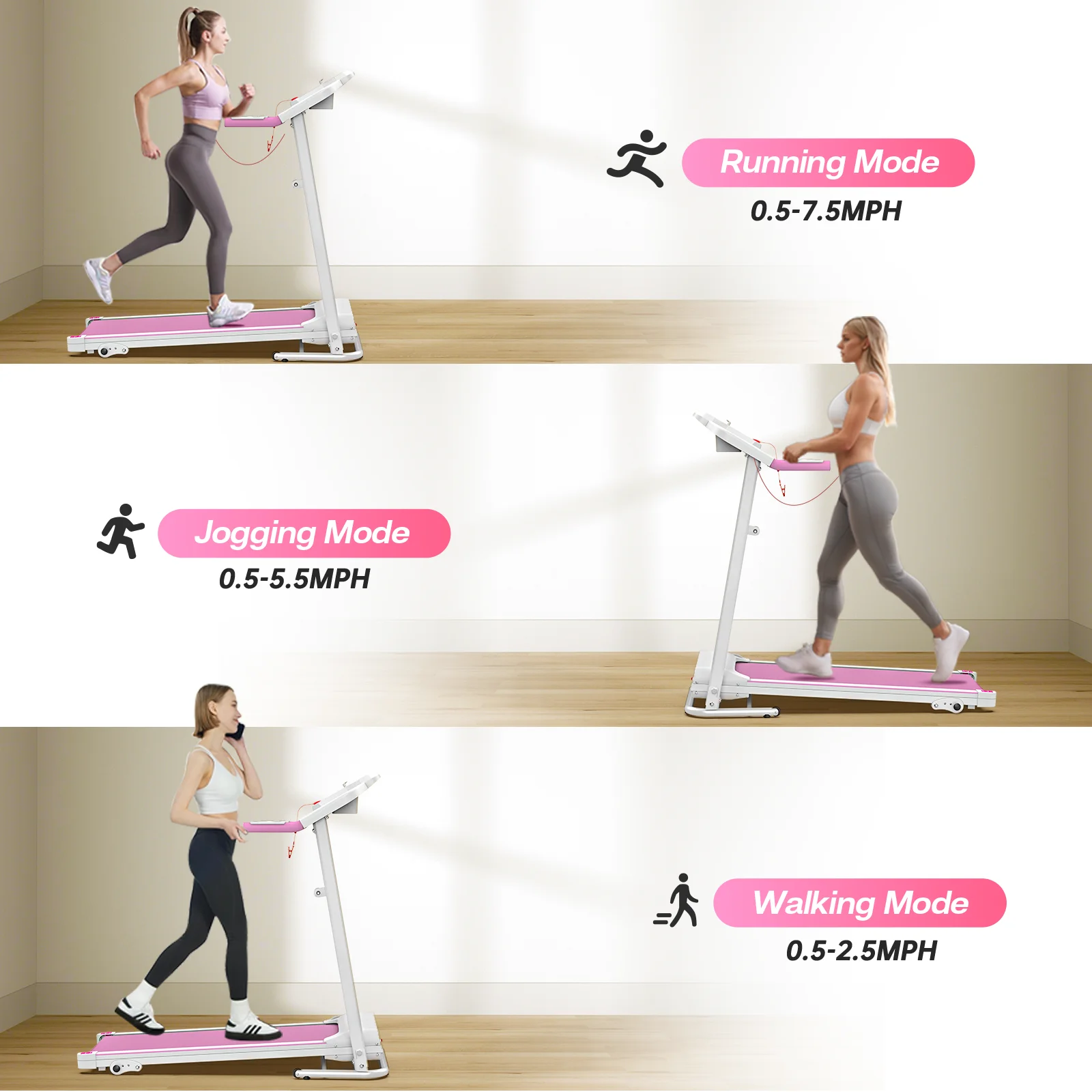 FYC Foldable Treadmills for Home, 2.5 HP, 7.5 MPH, Electric Running Treadmill Quiet Brushless Proform Treadmill for Home Gym, Running Machine with Heart Rate Sensor with LED Display (Pink) - John Pierce Auto Care