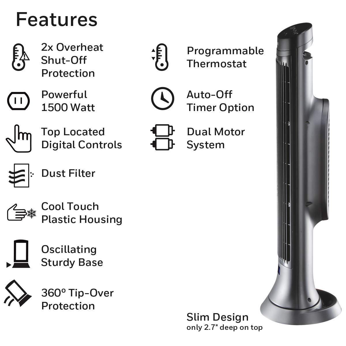 Digital Tower Heater, 750 �C 1500 W, 10 1\/8��� X 8��� X 23 1\/4���, Black - John Pierce Auto Care