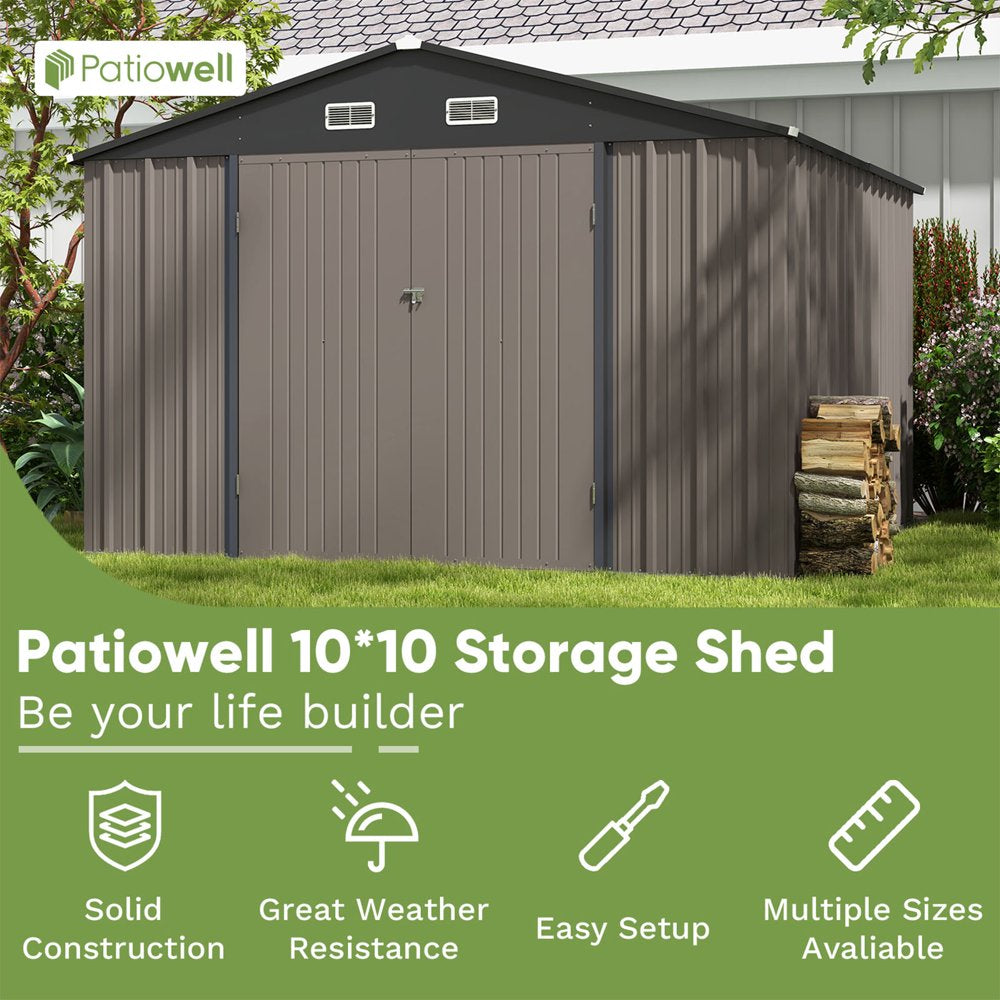 Patiowell 10 x 10 ft Outdoor Storage Metal Shed with Sloping Roof and Double Lockable Door - John Pierce Auto Care