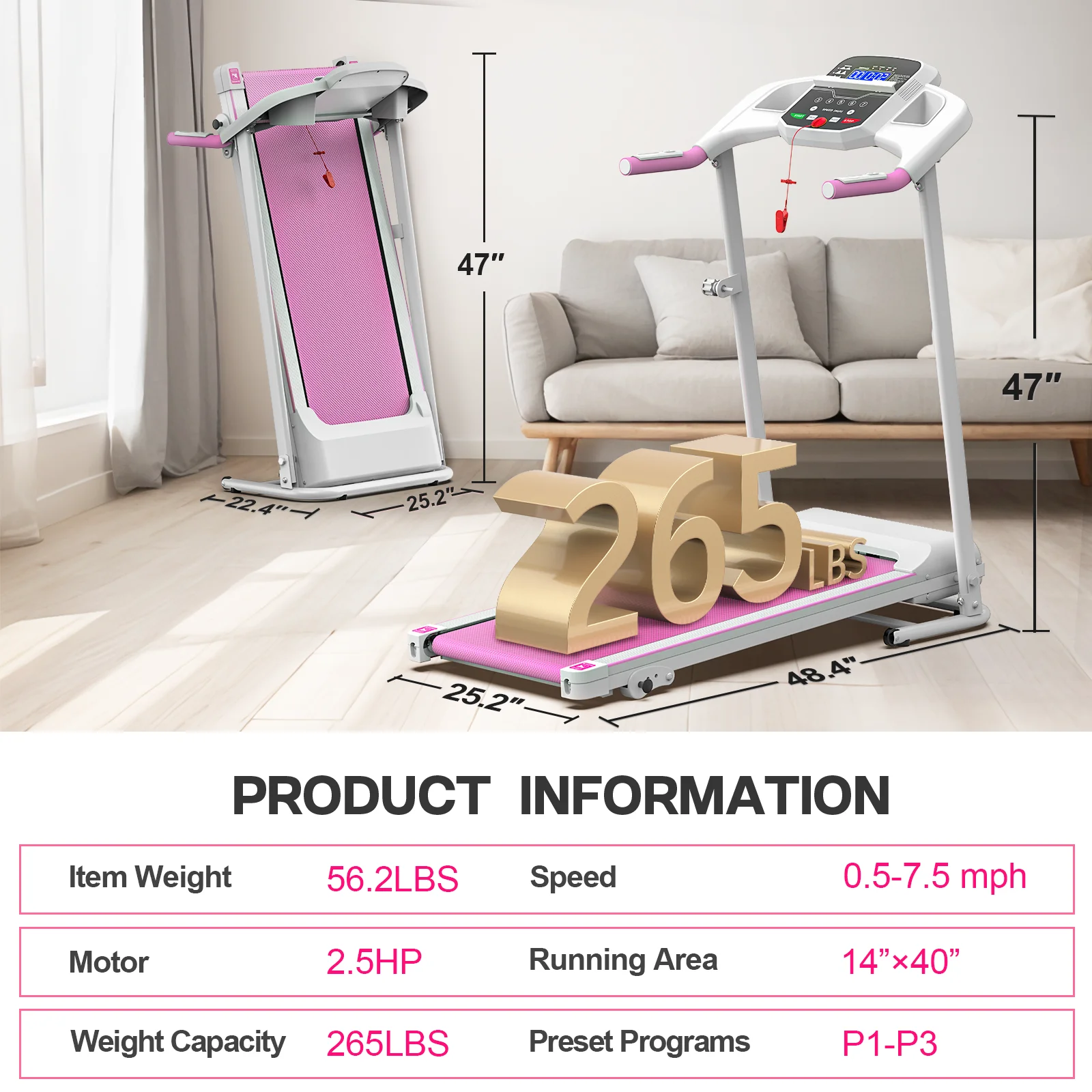 FYC Foldable Treadmills for Home, 2.5 HP, 7.5 MPH, Electric Running Treadmill Quiet Brushless Proform Treadmill for Home Gym, Running Machine with Heart Rate Sensor with LED Display (Pink) - John Pierce Auto Care