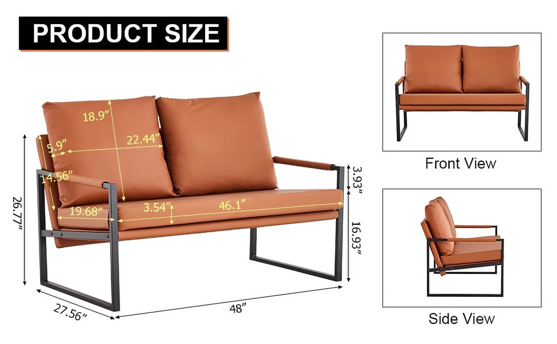 Modern Two Seater Sofa Chair with 2 Pillows   PU Leather High Density Foam Black Coated Metal Frame.Brown SF D008 - John Pierce Auto Care