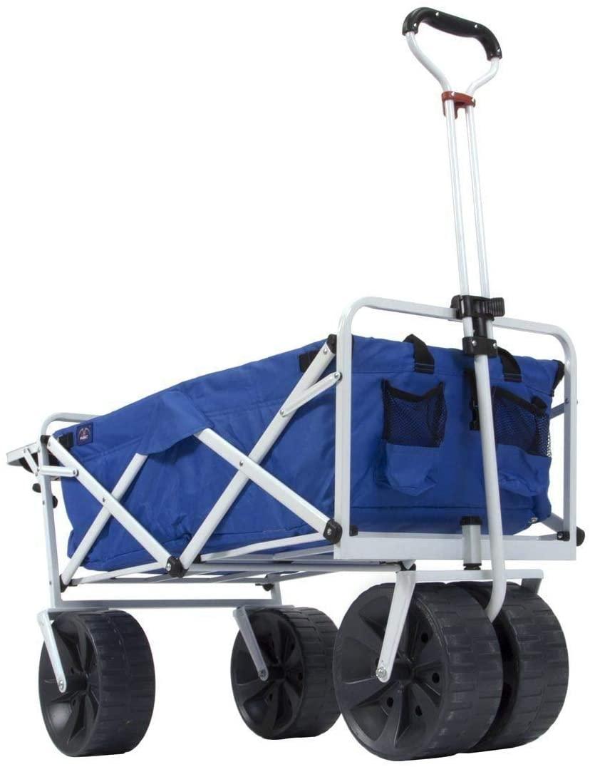 MacSports All Terrain Beach Wagon with Side Table|Heavy Duty Collapsible Folding Cart with Large Wheels for Beach Day, Picnic, Camping, Outdoor Activities | Blue\/White - John Pierce Auto Care