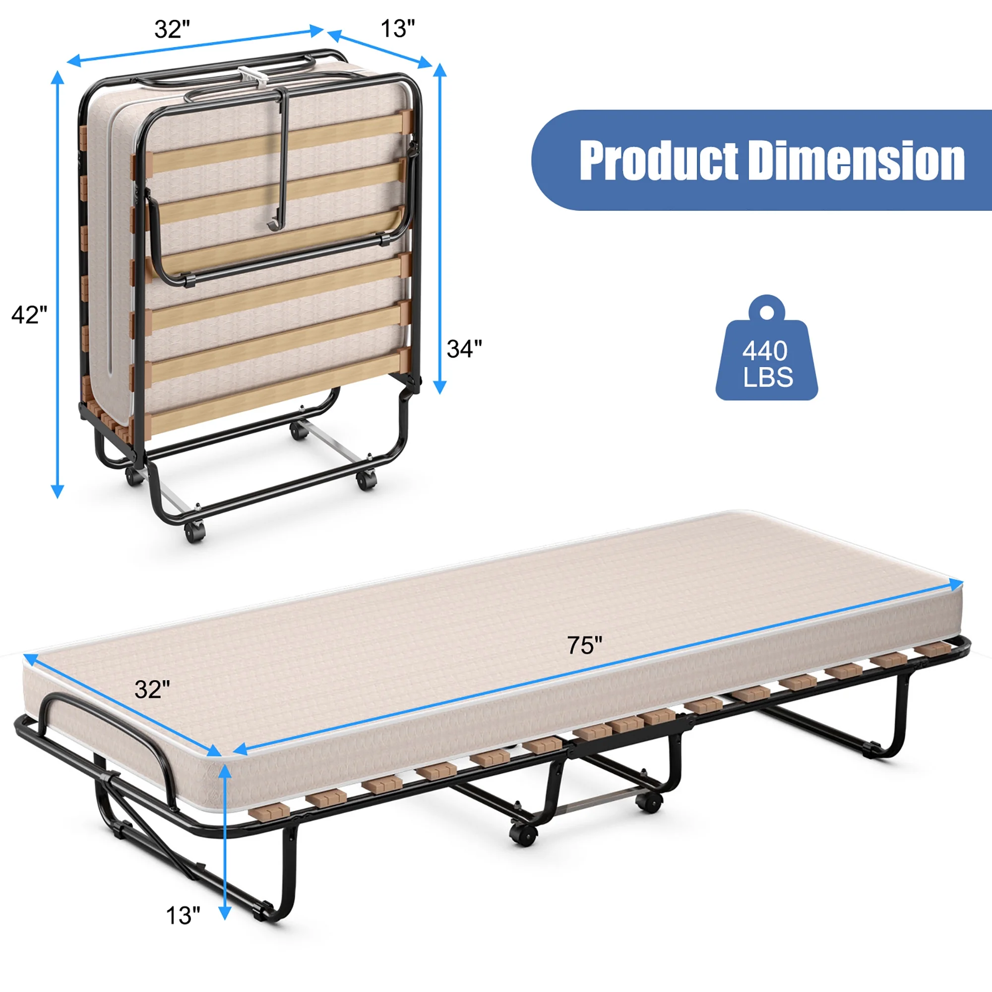 Costway Portable Folding Bed with Mattress - John Pierce Auto Care