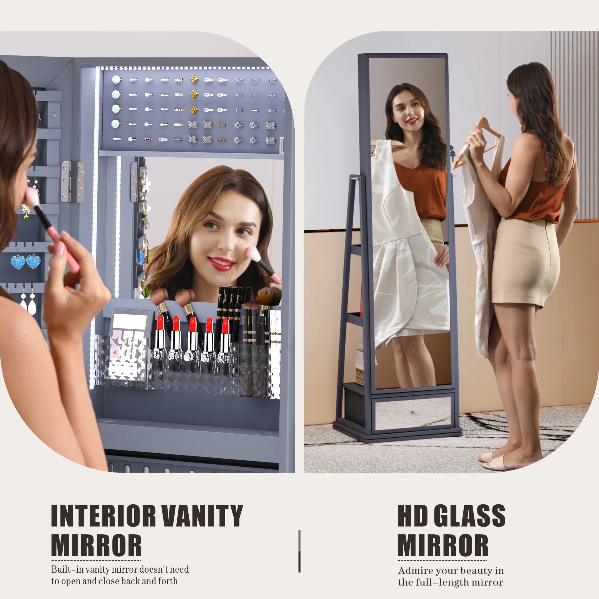 FREDEES Standing Jewelry Cabinet with Mirror and Lights, Wooden Jewelry Armoire Organizer with Full Length Mirror for Women, Grey - John Pierce Auto Care