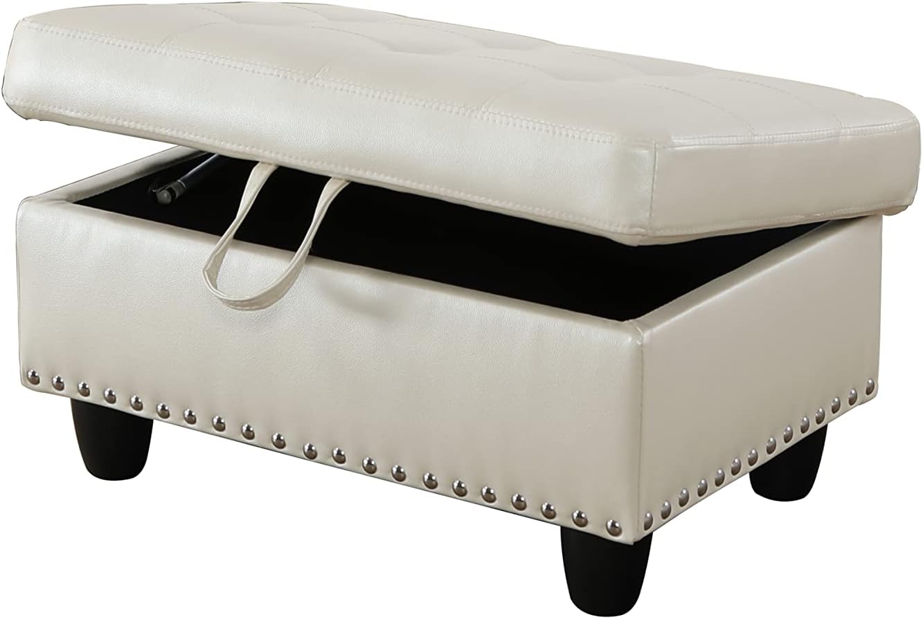 Faux Leather Square Storage Ottoman, Ivory White,F09914 - John Pierce Auto Care