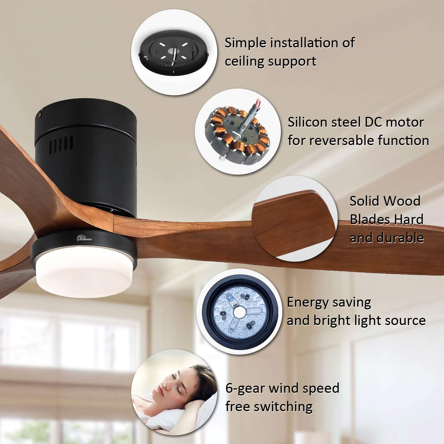 Sofucor 52 Inch Low Profile Ceiling Fan 3 Carved Wood Fan Blade Noiseless - John Pierce Auto Care