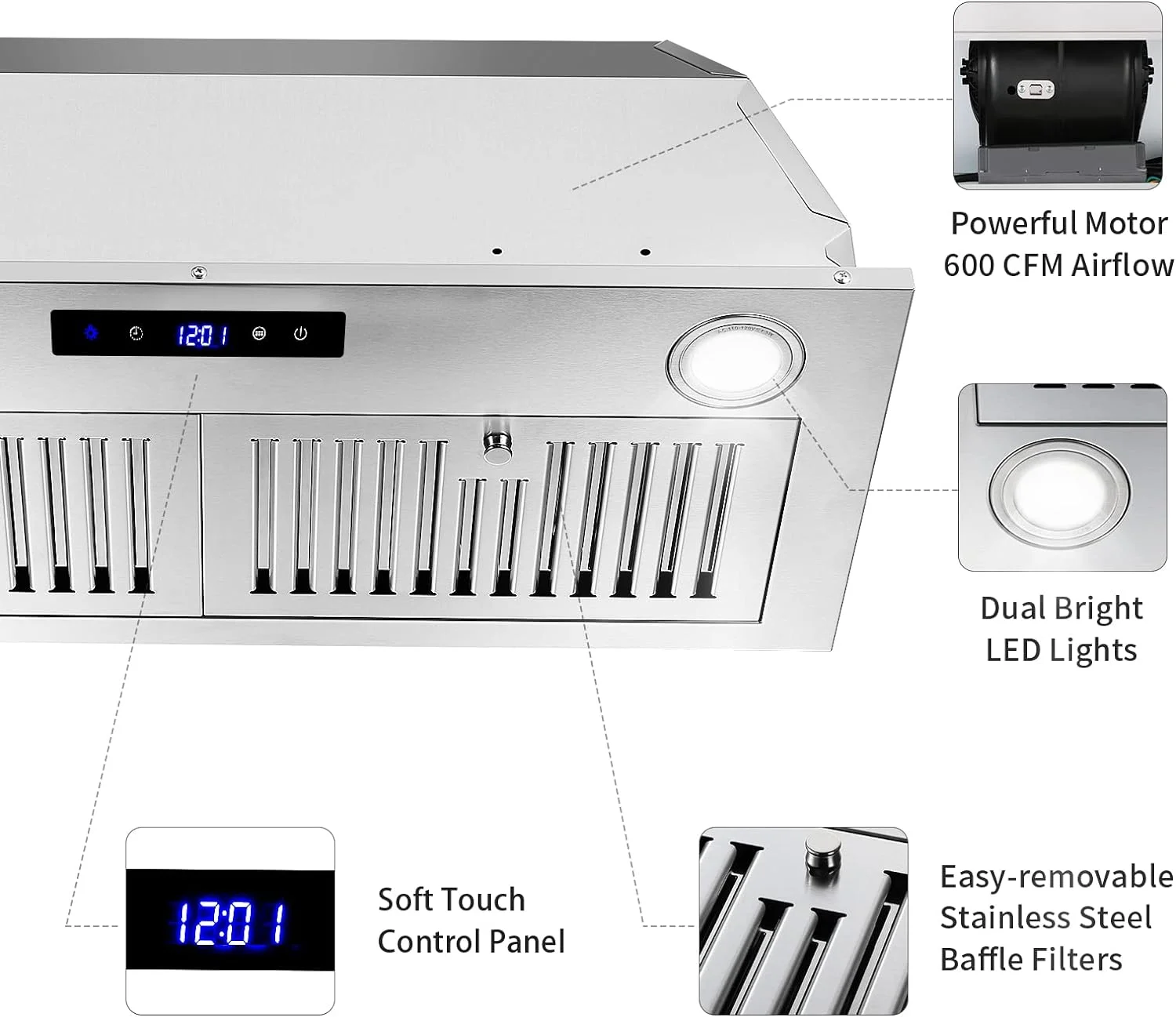 Zomagas 30 inch 600CFM Range Hood Insert Stainless Steel Kitchen Vent Hood Touch Control with LED Lights,Baffle Filters - John Pierce Auto Care