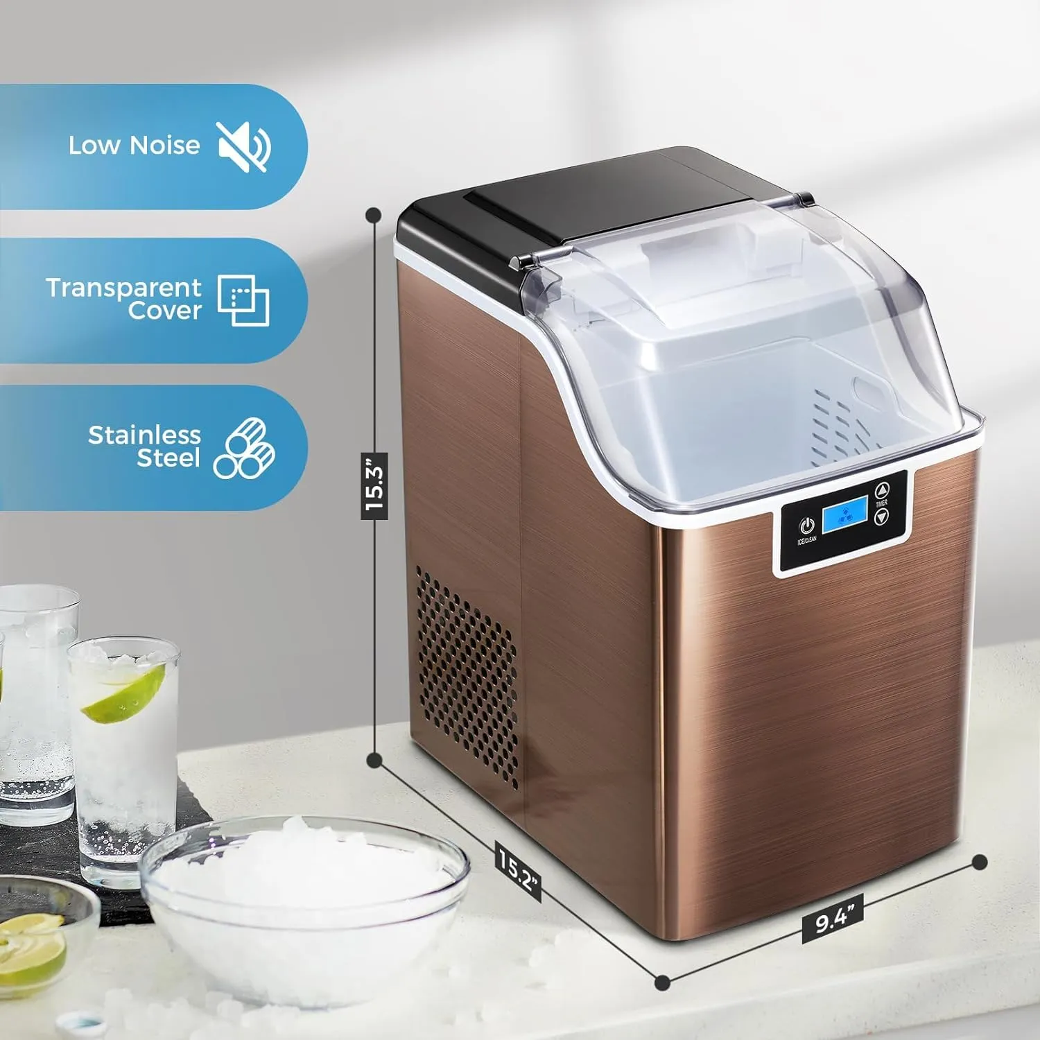 Ice Makers Countertop, 45lbs\/Day Pebble Ice Maker Machine with 24 Hour Timer, Self Cleaning Sonic ice Maker with Ice Scoop - John Pierce Auto Care