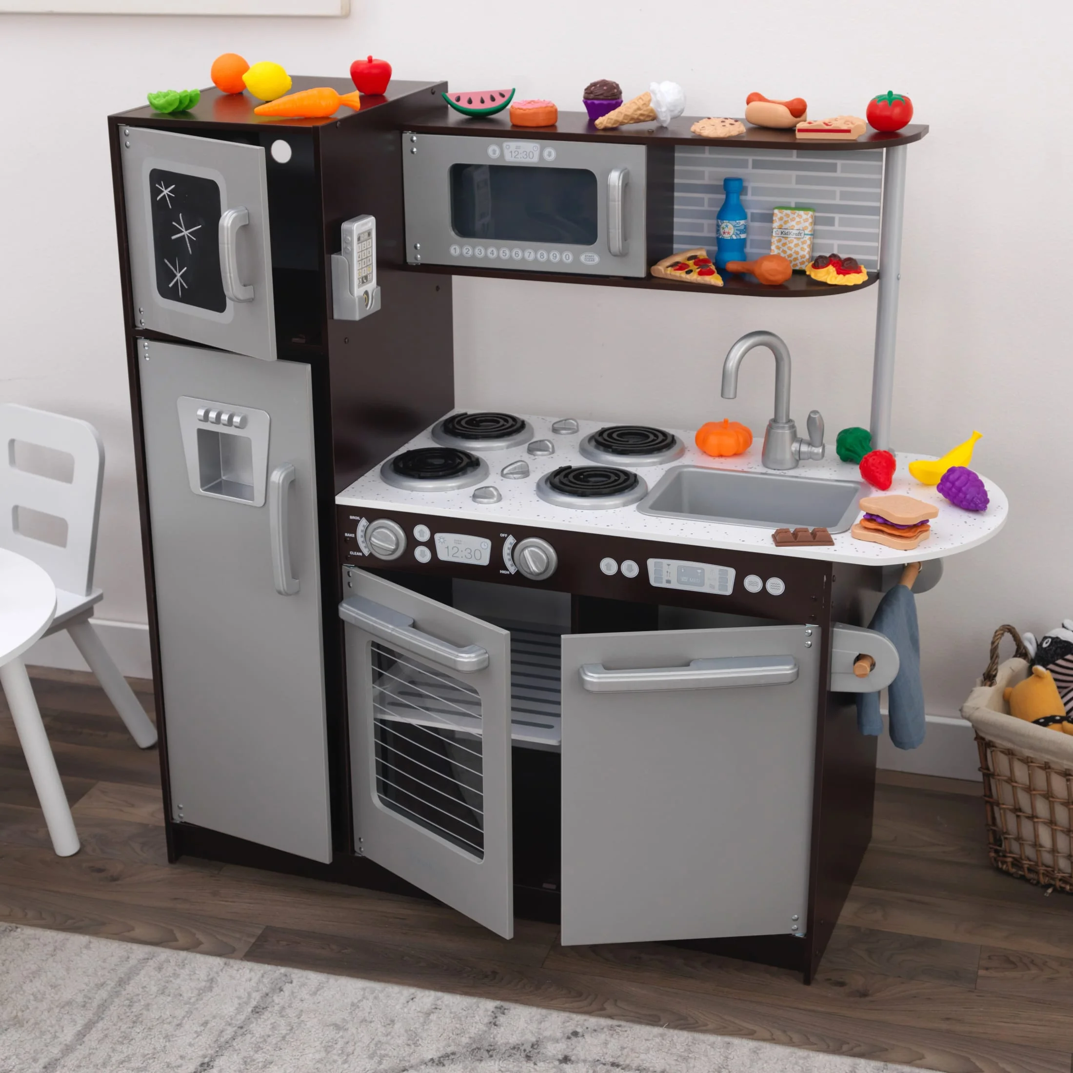 KidKraft Uptown Espresso Wooden Play Kitchen and 30 Piece Play Food Accessories - John Pierce Auto Care
