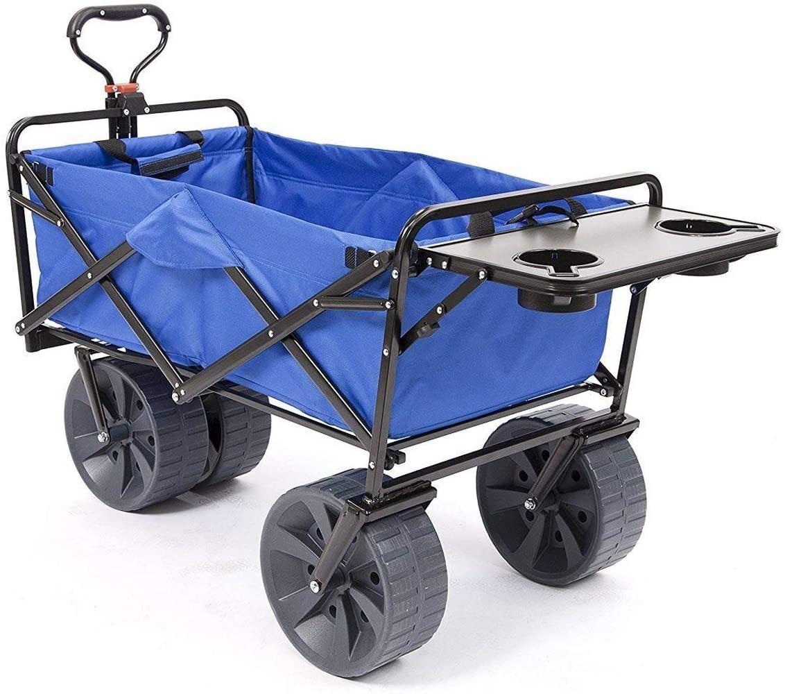 MacSports All Terrain Beach Wagon with Side Table|Heavy Duty Collapsible Folding Cart with Large Wheels for Beach Day, Picnic, Camping, Outdoor Activities | Blue\/White - John Pierce Auto Care