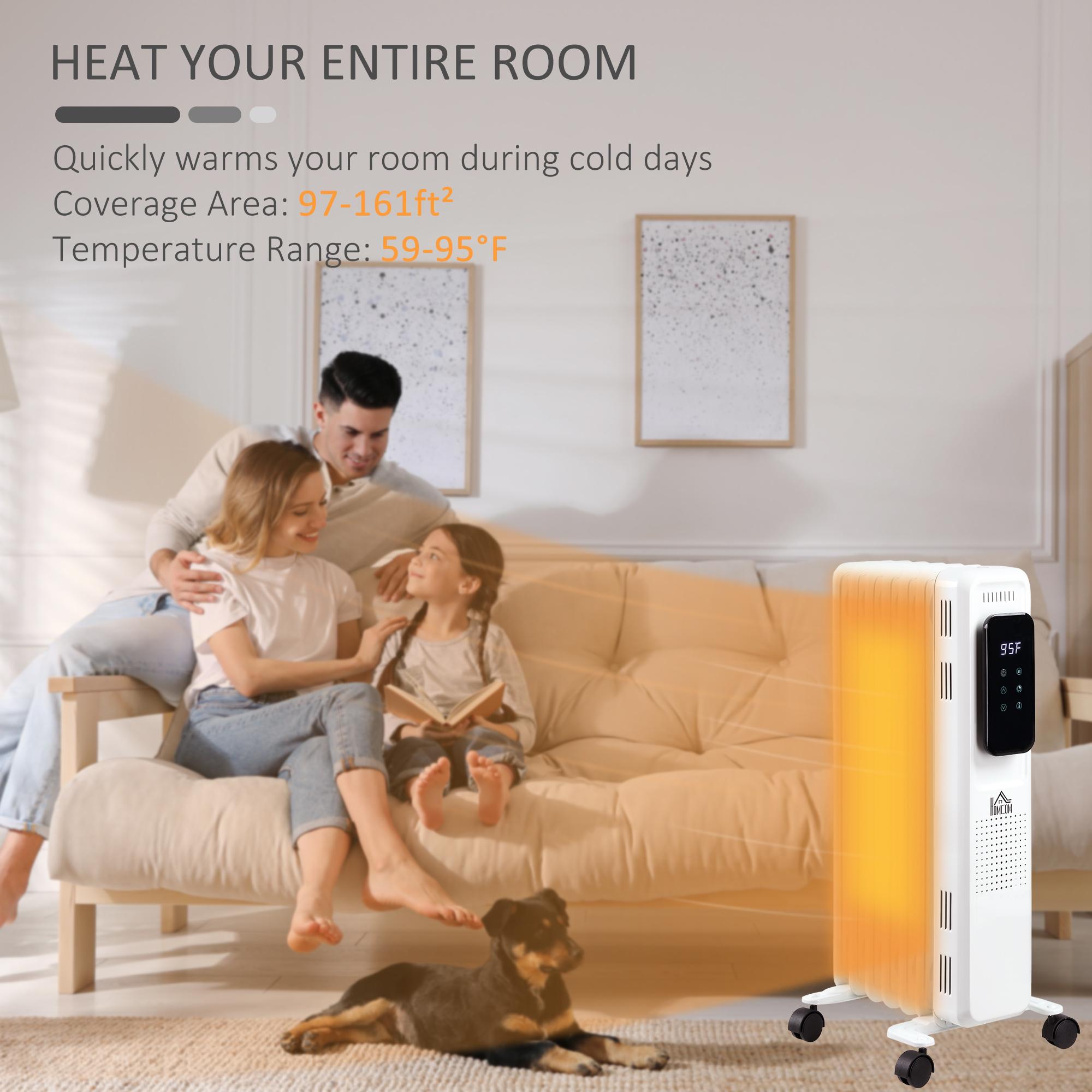 Eccomum 1500W 7 Fin Oil Filled Radiator Electric Space w\/ Remote \u0026amp; Wheels, White - John Pierce Auto Care